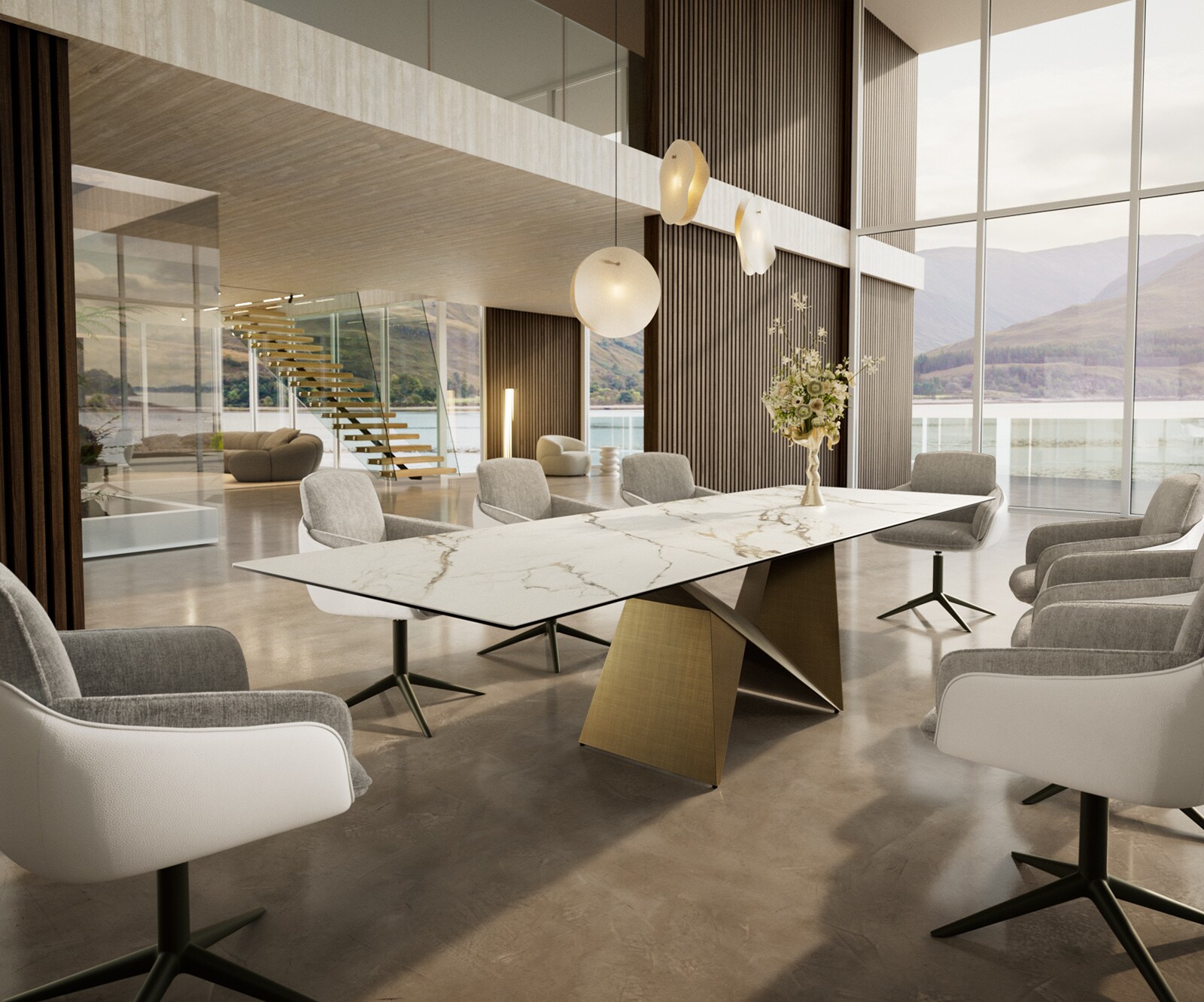 Eettafel Edge 300x100 keramiek  Calacatta Luxe wit-goud-grijs Origami metaal goud 6