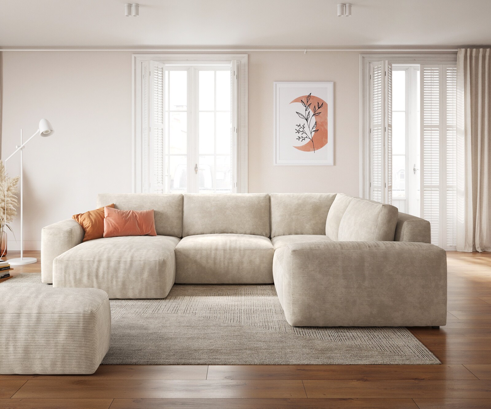 Woonlandschap Lanzo 300x210 cm ribcord beige met variabele recamière en hocker 1