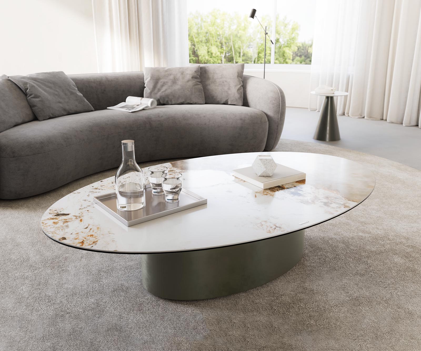 Salontafel Casilda 150x90 cm keramiek Minas Melange wit-beige middenpoot titaniumeffect 1