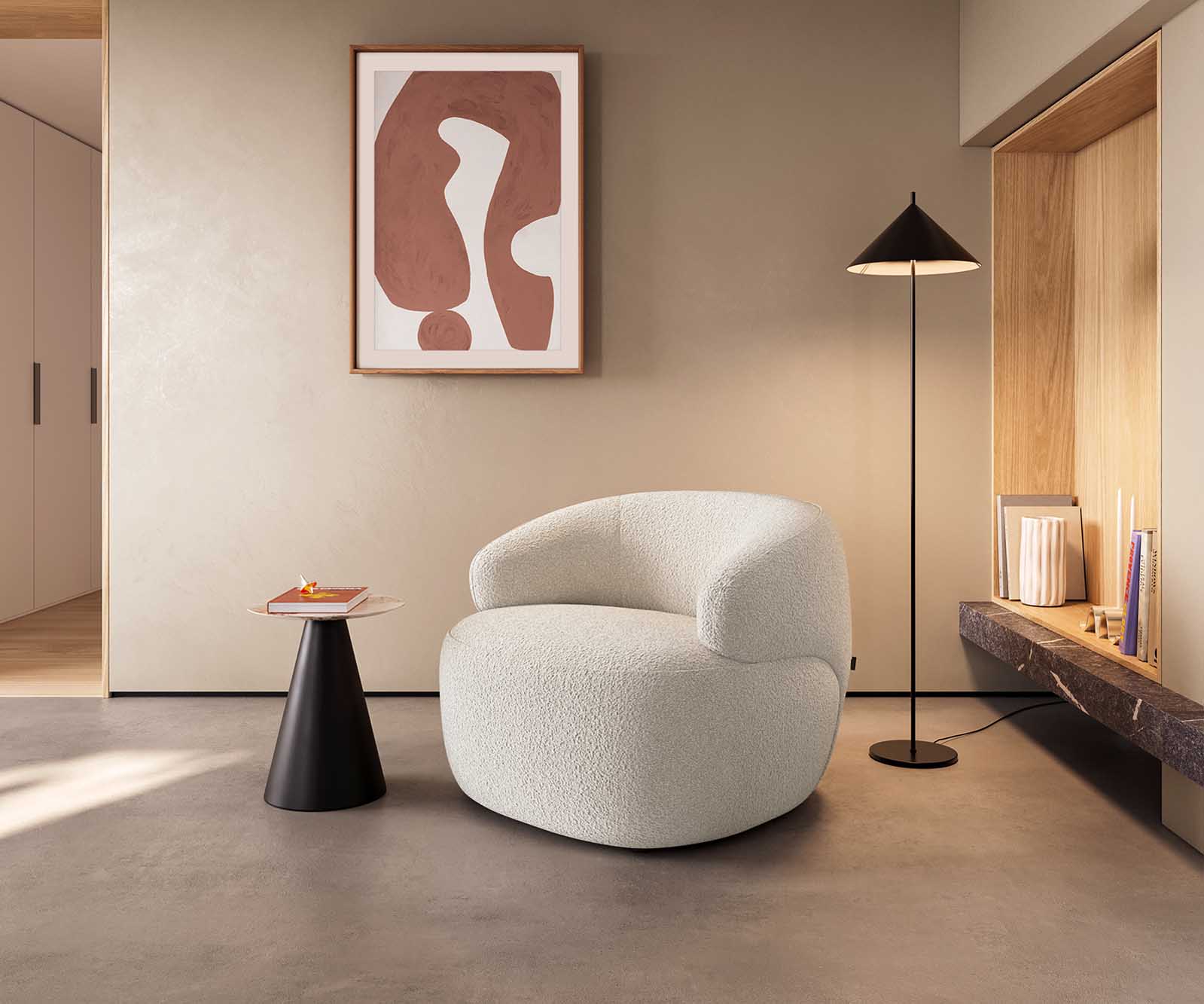 Loungestoel Nova 88x88 cm bouclé crème-wit