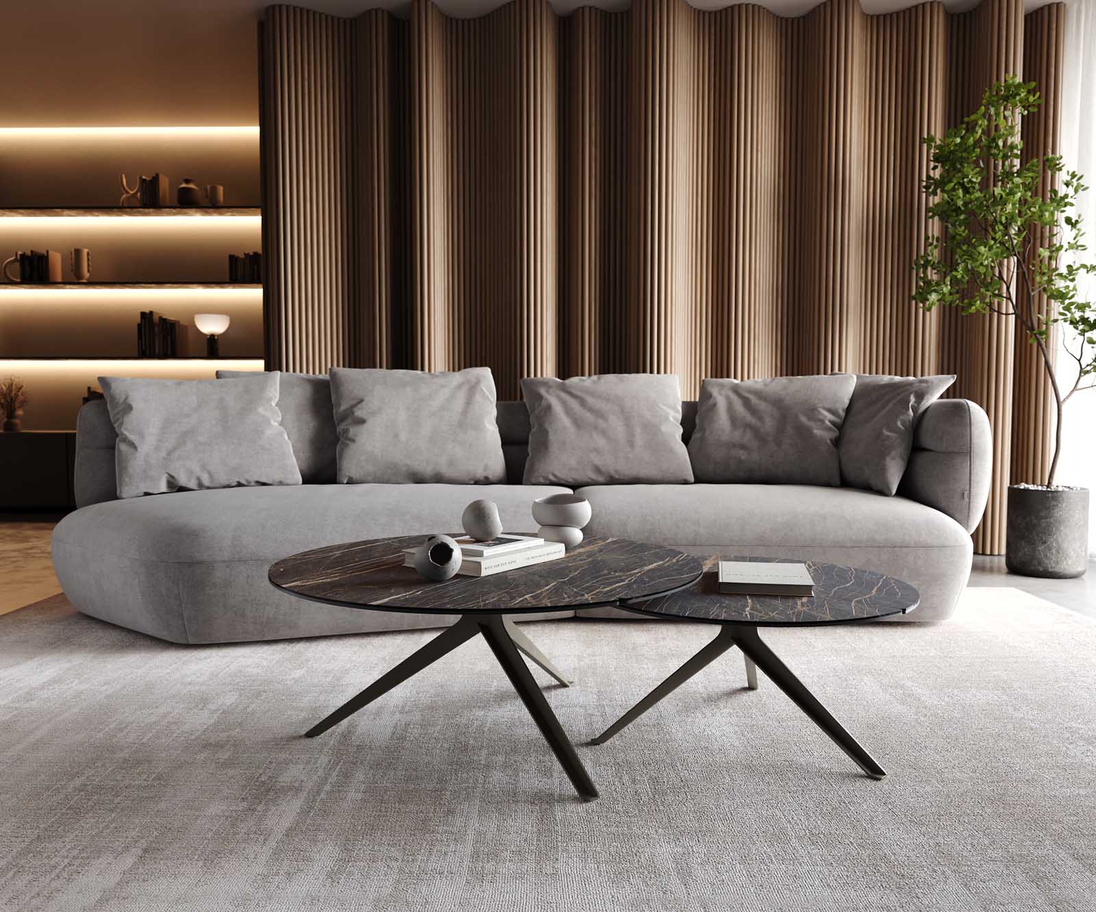 Salontafel Delron 70x70 cm keramiek Laminam®Noir Desir Bruin Kruisvoet plat metaal effect afwerking Titanium 6