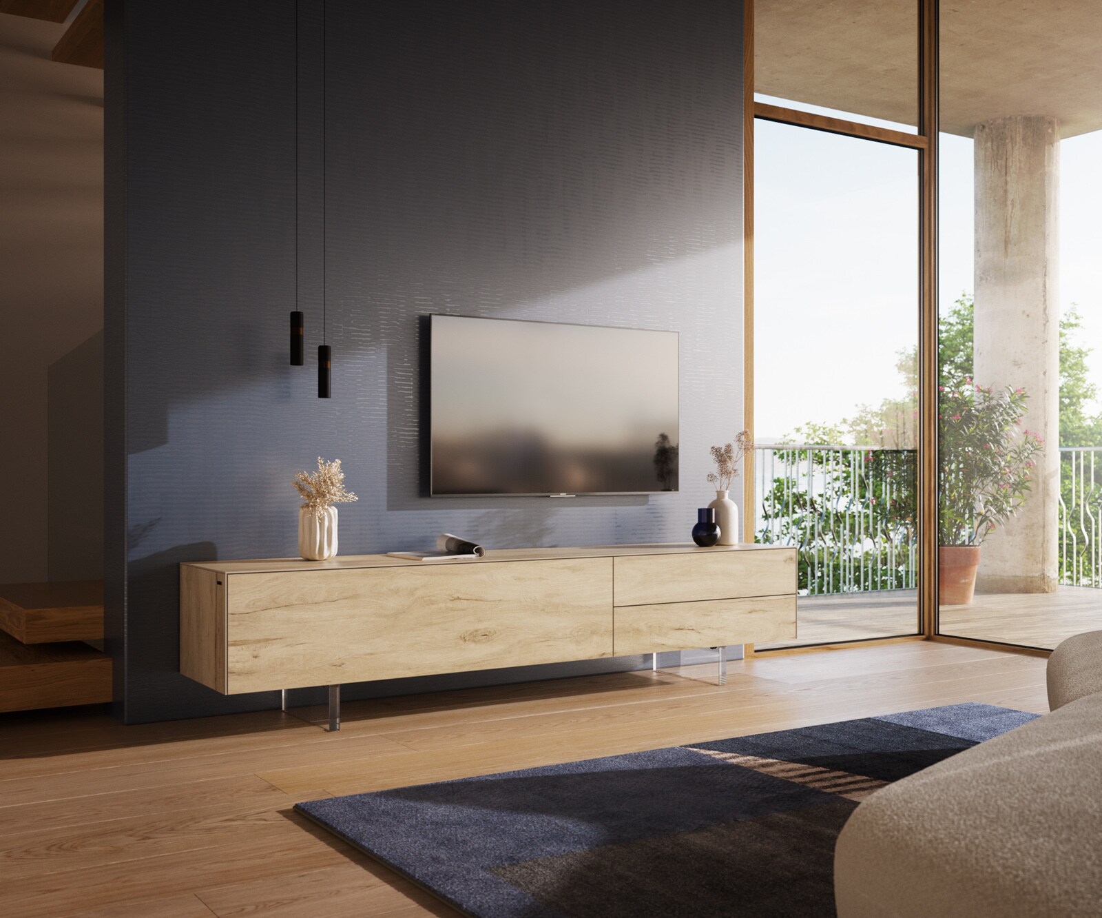 Tv-meubel Cuor 220 cm Keramiek Laminam® Sabbia Eiken gekleurd 1 Flap 2 Laden Zwevende voet look Acrylglas 1