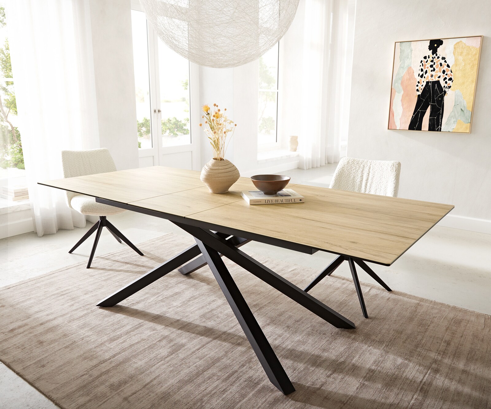 Eetkamertafel Edge 180-220x100 keramiek Laminam® Sabbia eiken kleur kruisframe rechthoek zwart uitschuifbaar 2