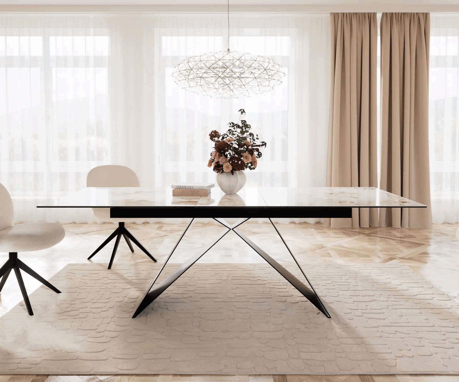 Eetkamertafel Edge 180-220x100 keramiek Minas Melange wit-beige V-frame vlak staal zwart uitschuifbaar 1