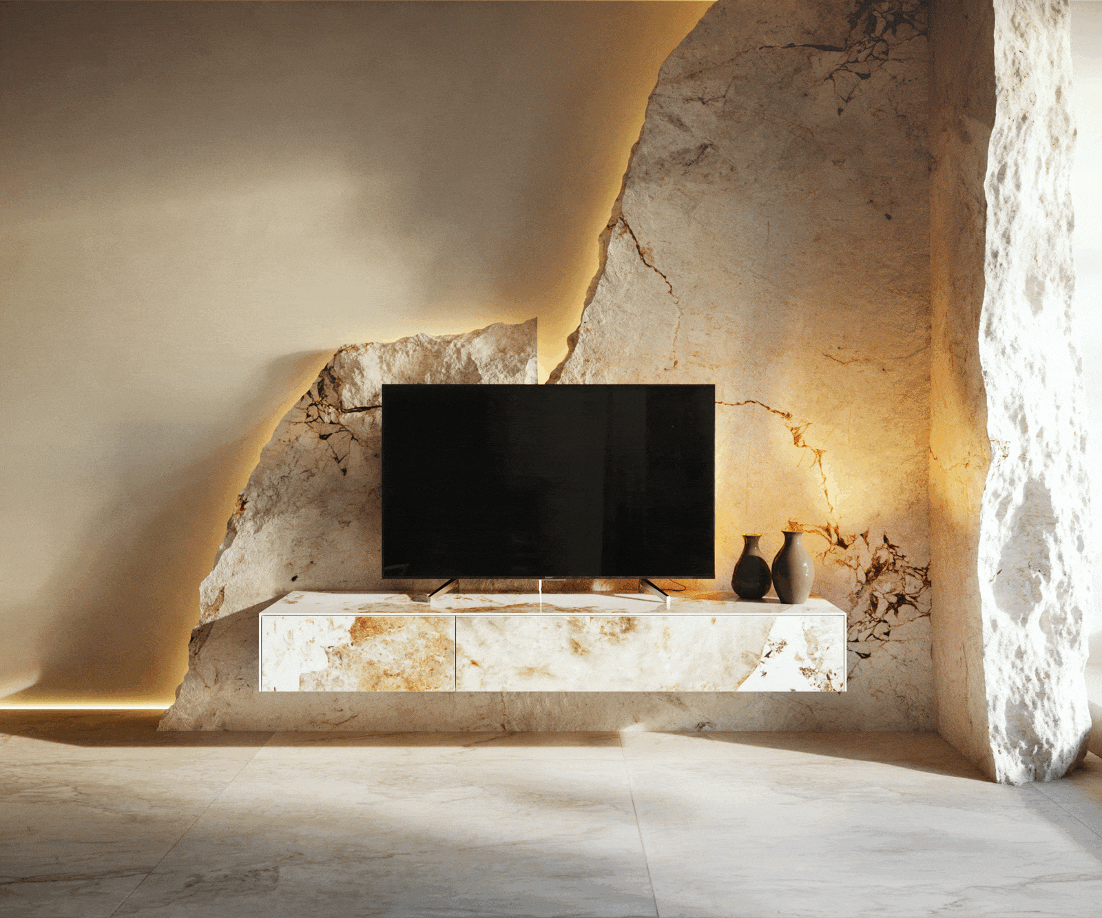 Tv-meubel Cuor 150 cm Keramiek Minas Melange Wit-beige 1 Flap 1 Lade Zwevend 5