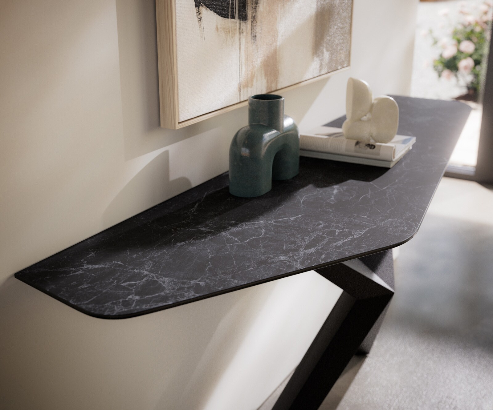 Consoletafel Edge Polygonaal 180x50 cm Keramiek Laminam® Nero Greco Anthrazit Zentharo Metaal Zwart 4