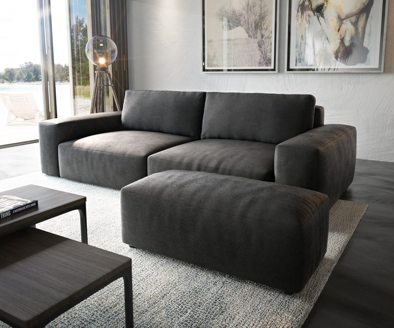 Big-sofa Lanzo XL kunstleer vintage antraciet 270x130 cm met poef