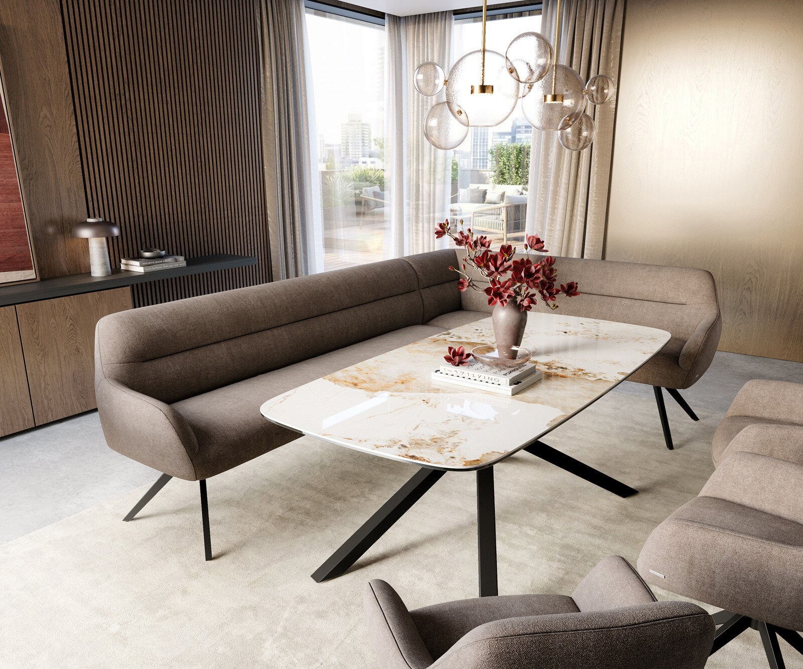 Eetkamerbank Taya-Flex 285x190 cm zachte stof met structuur taupe hoekig kruisframe zwart pocketvering links 1