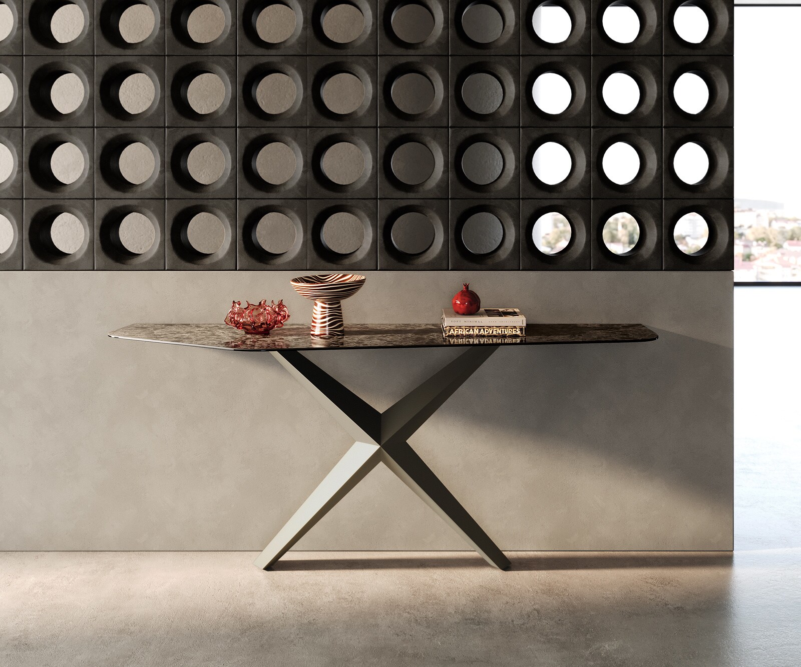 Consoletafel Edge Polygonaal 180x50 cm Keramiek Emperador Extra Lucidato Dunkelbraun Zentharo Metaal Effektfinish Titan 4