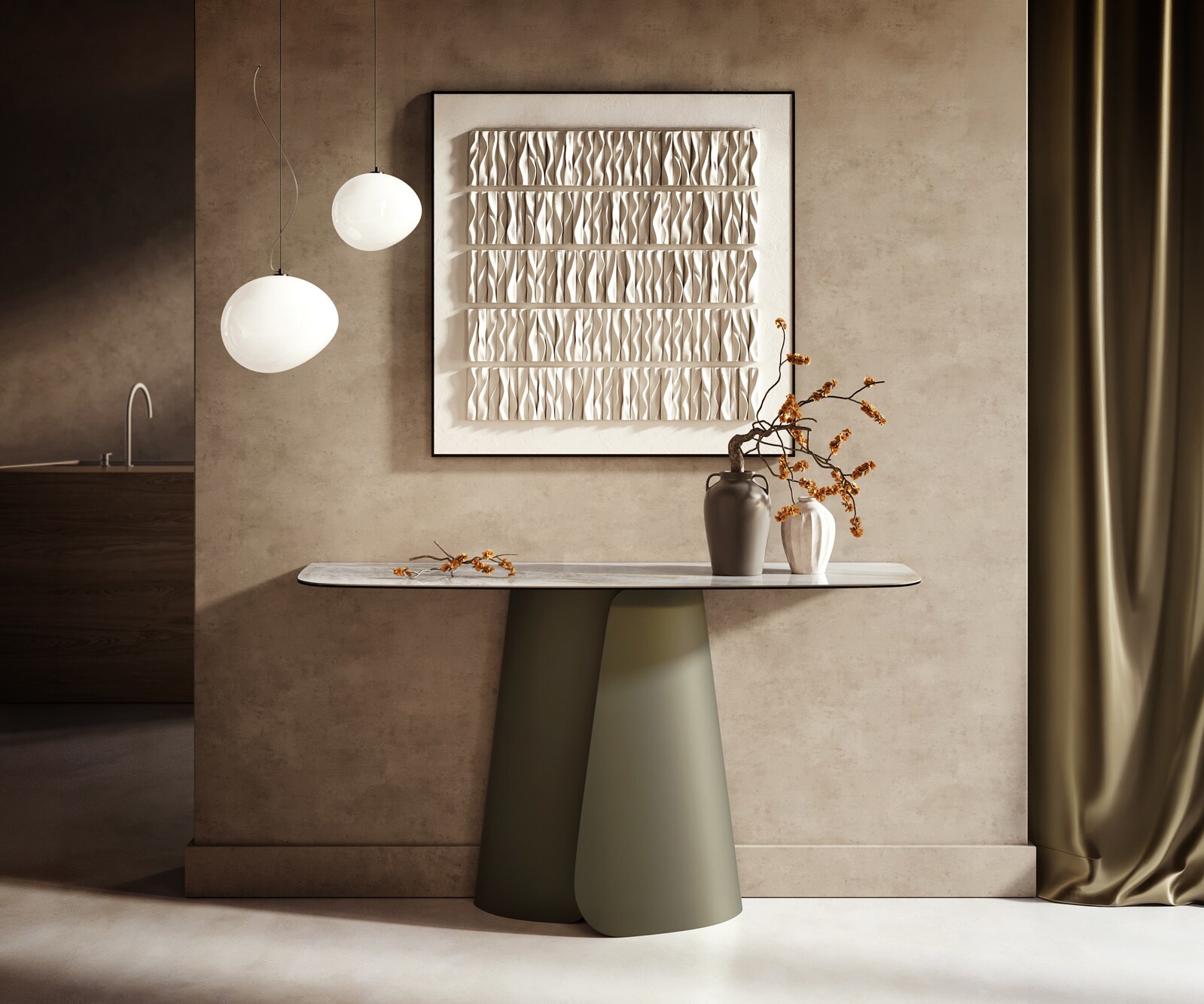 Consoletafel Edge Bootvorm 140x40 cm Keramiek Onyx Pearl Livos Metaal Effektfinish Titan 1
