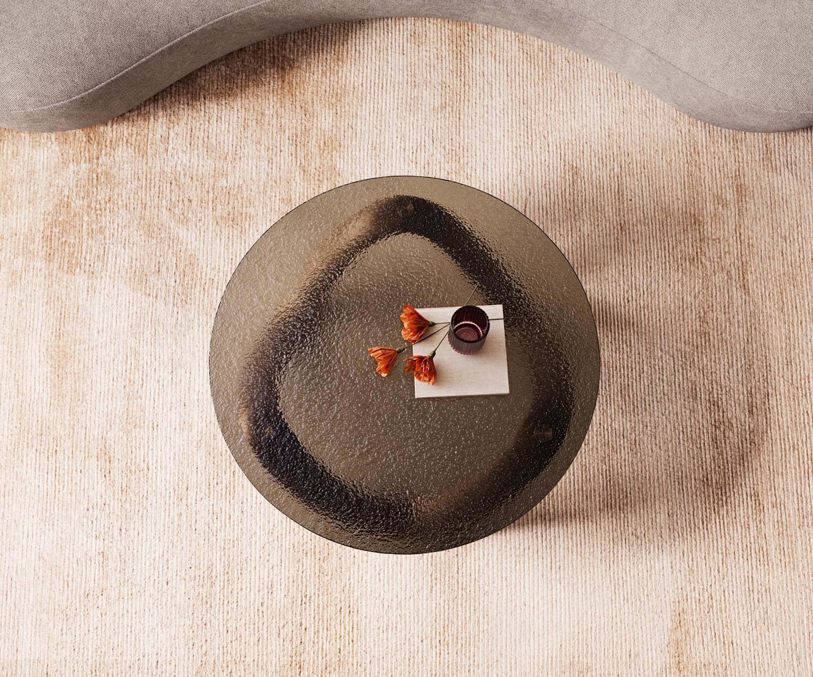 Salontafel Tanju 90x90 cm goud metallic met reliëfglas taupe 4