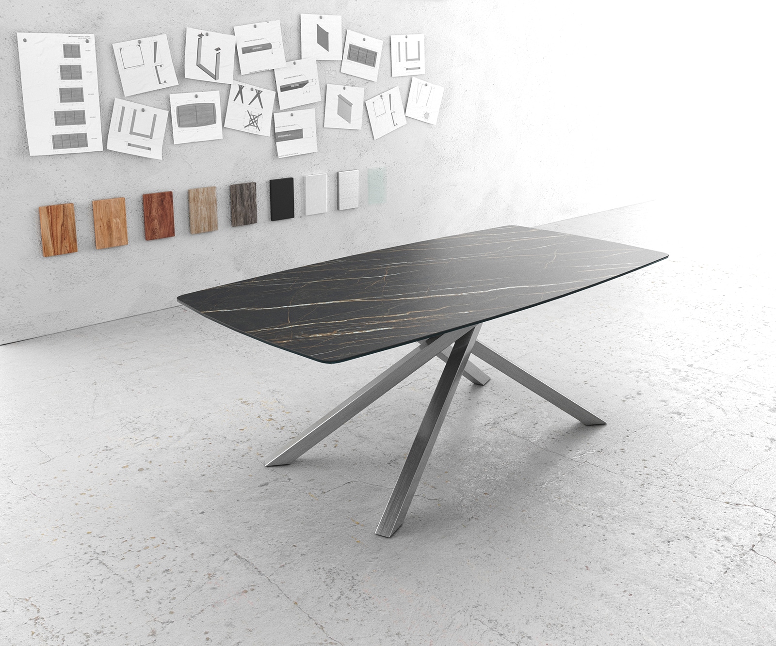 Eettafel Edge Bootsform 200x100cm Laminam® keramiek bruin middenpoot kruis zilver Eettafel Edge Bootsform 200x100cm Laminam® keramiek bruin middenpoot kruis zilver
