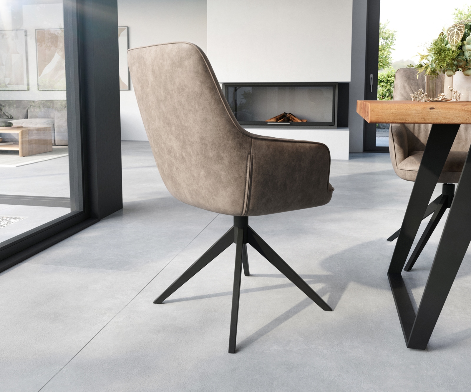 Eetkamerstoel Zelia-Flex met armleuning microvelours taupe vintage kruisframe breed zwart pocketveer kern 4 Eetkamerstoel Zelia-Flex met armleuning microvelours taupe vintage kruisframe breed zwart pocketveer kern 4