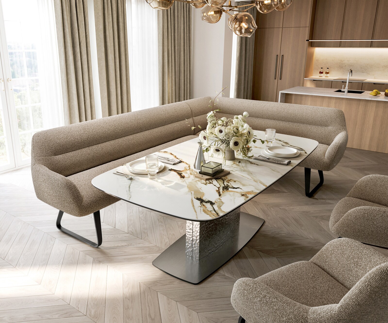 Eetkamerbank Taya-Flex 285x190 cm bouclé mud platte sledebasis zwart pocketvering links 1