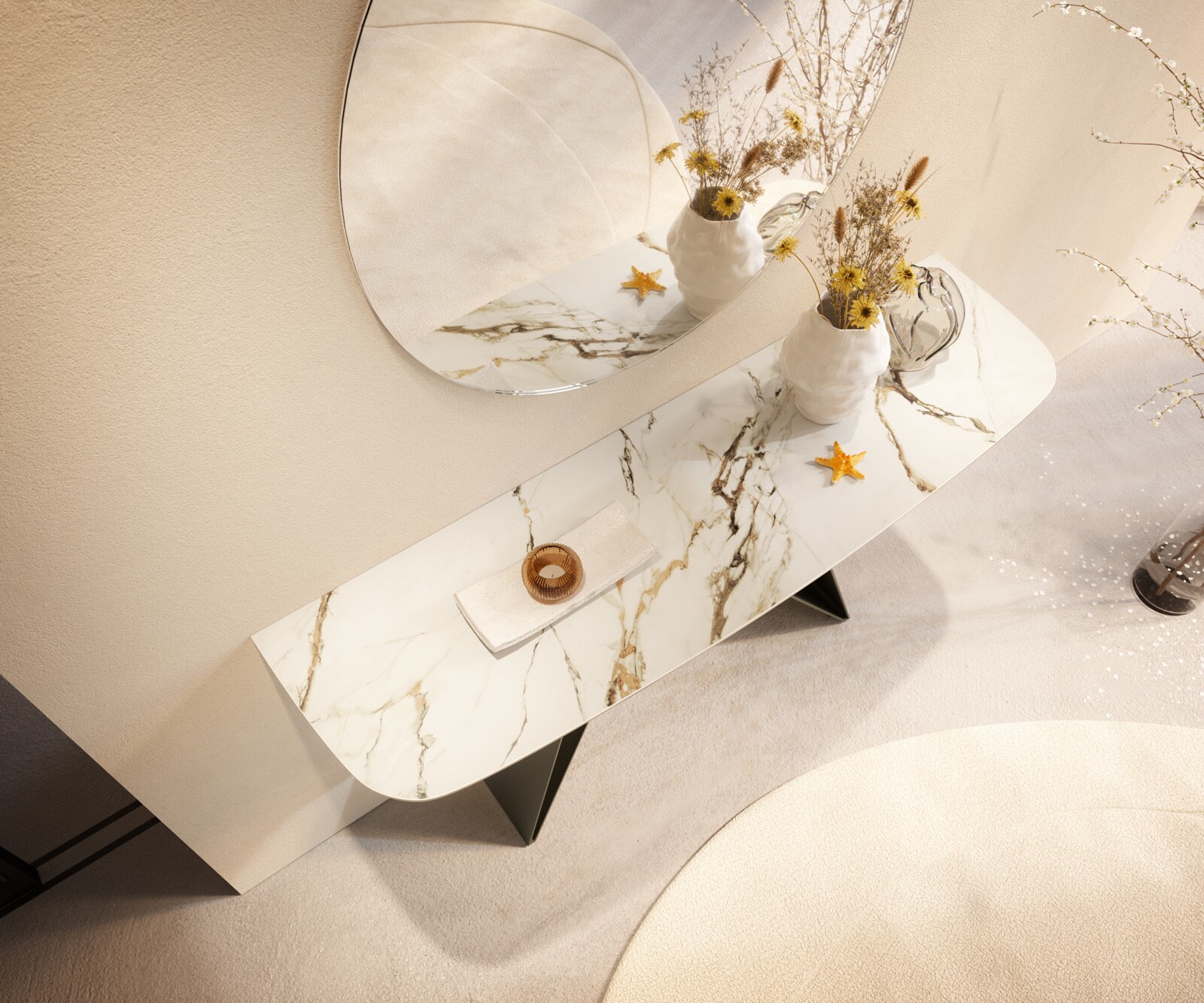 Consoletafel Edge Bootvorm 140x40 cm Keramiek Calacatta Luxe Weiß-Gold-Grijs Velio Metaal Effektfinish Titan 2