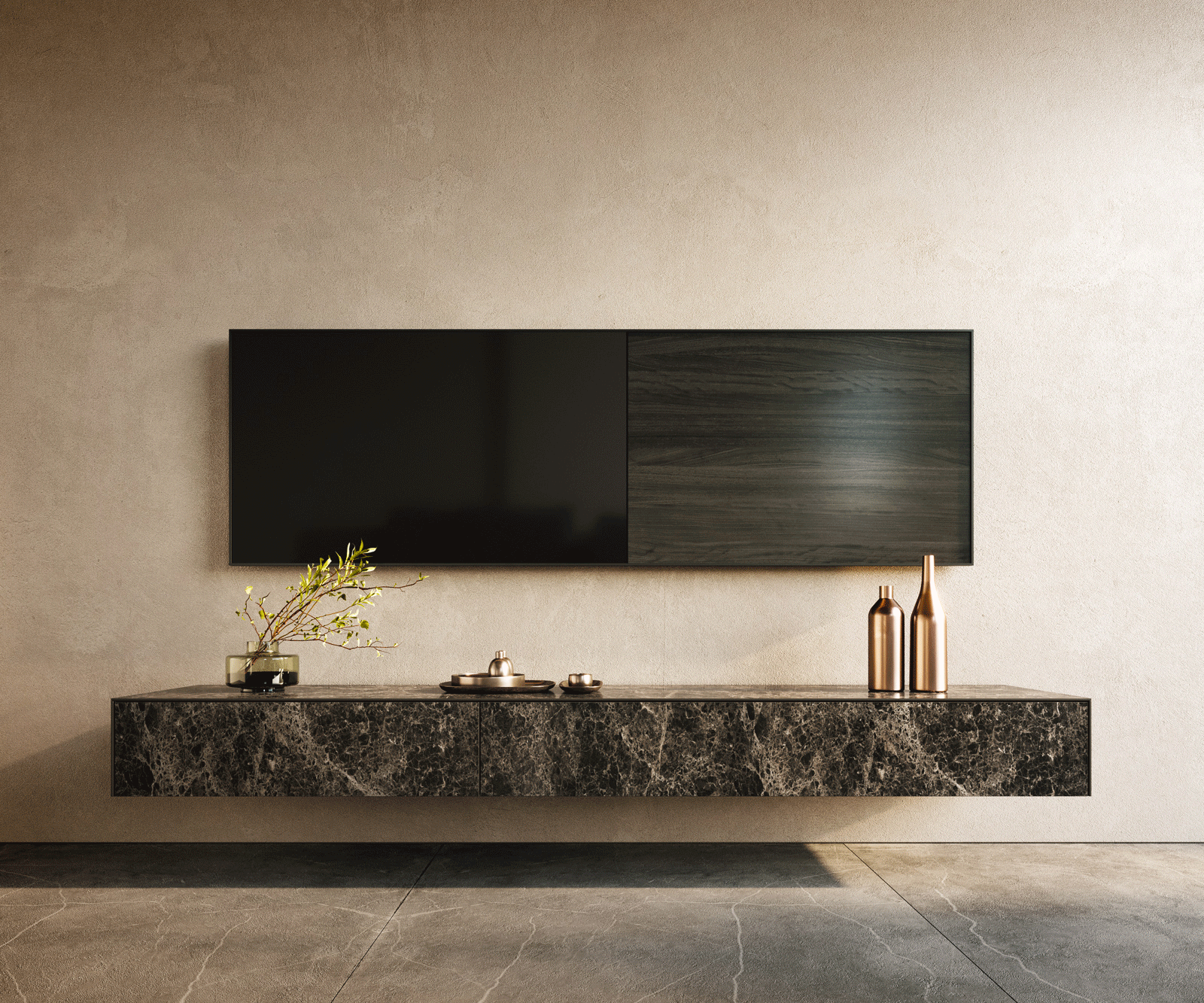 Tv-meubel Cuor 200 cm Keramiek Laminam® Emperador Extra Lucidato Donkerbruin 1 Flap 1 Lade Zwevend 1