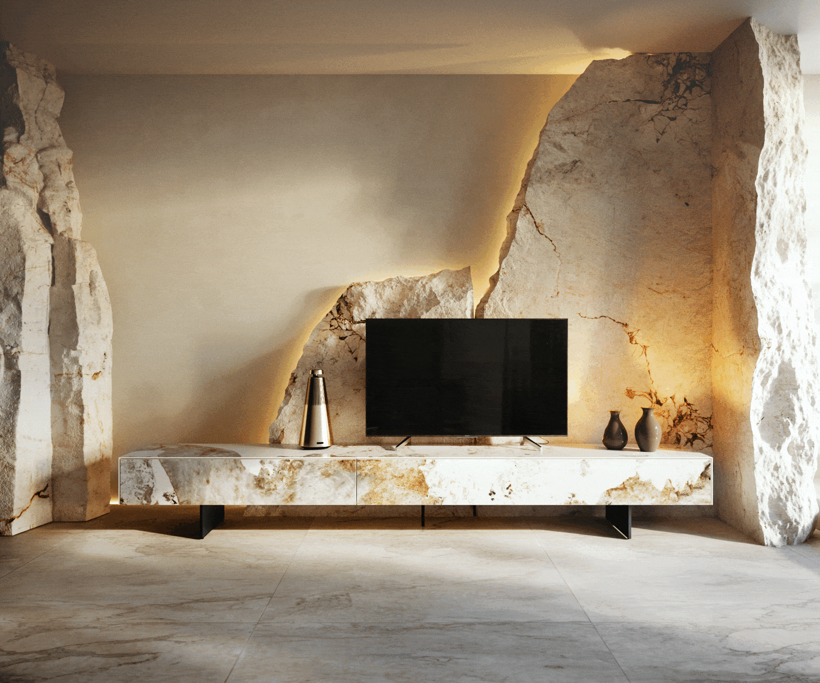 Tv-meubel Cuor 250 cm Keramiek Minas Melange Wit-beige 1 Flap 1 Lade Zwevende voet look Metaal Zwart 5