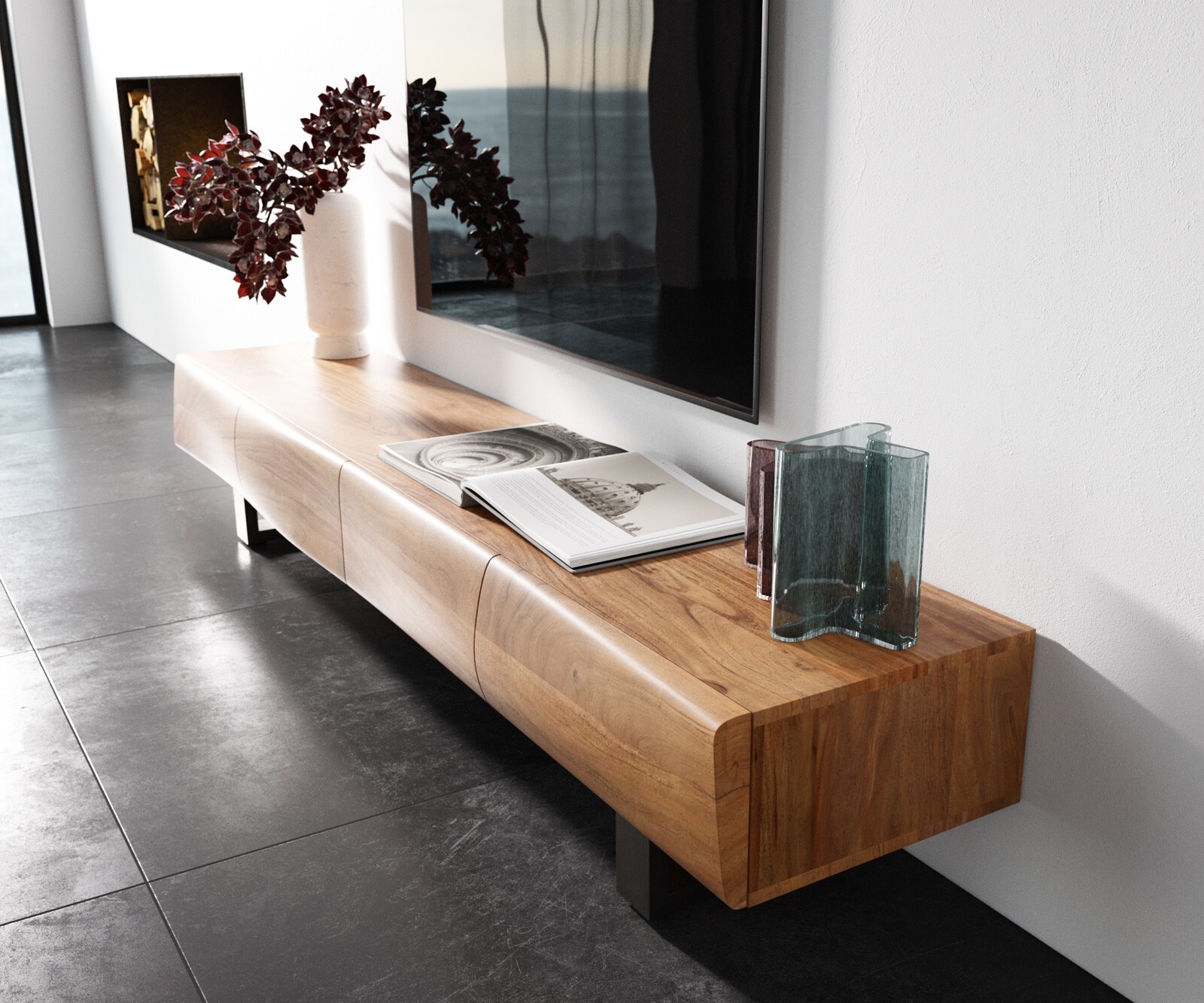 TV-meubel New Live-Edge 200 cm acacia natuur 4 deuren sledepoten RVS geborsteld 1