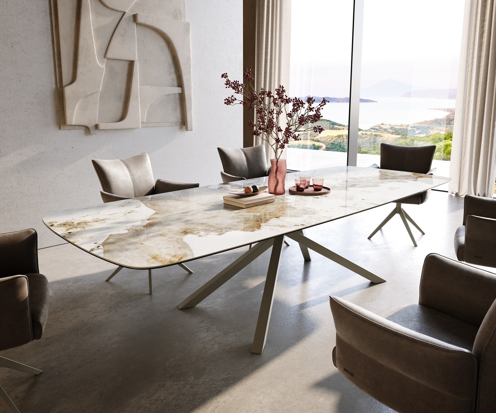Eettafel Edge Boot 300x120 cm Keramiek Minas Melange Wit-Beige kruisonderstel Rechthoek Effectafwerking Titan 1