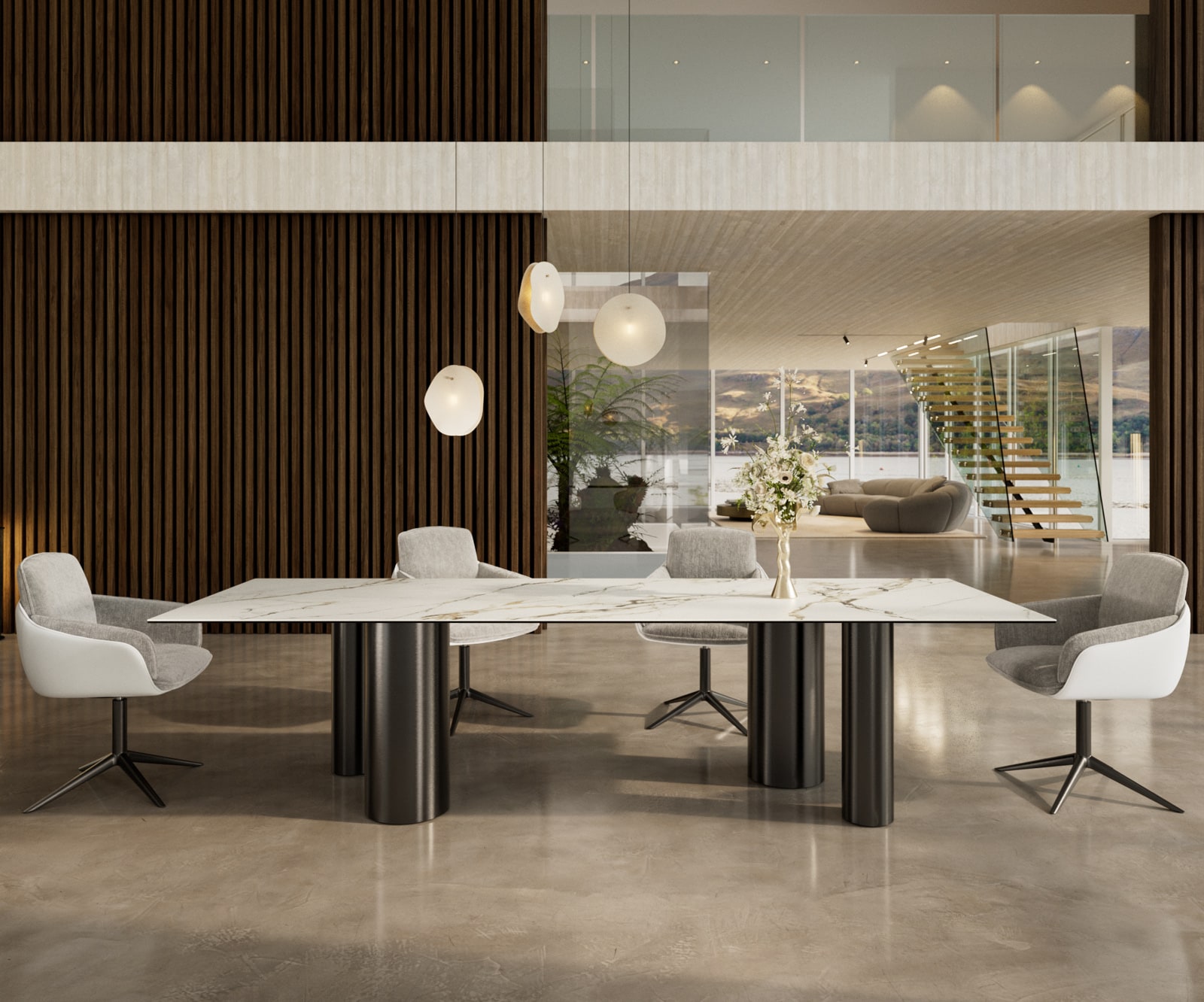 Eetkamertafel Edge 300x100 keramiek Calacatta Luxe wit-Gold-grijs Pilier roestvrij staal grafiet Eetkamertafel Edge 300x100 keramiek Calacatta Luxe wit-Gold-grijs Pilier roestvrij staal grafiet