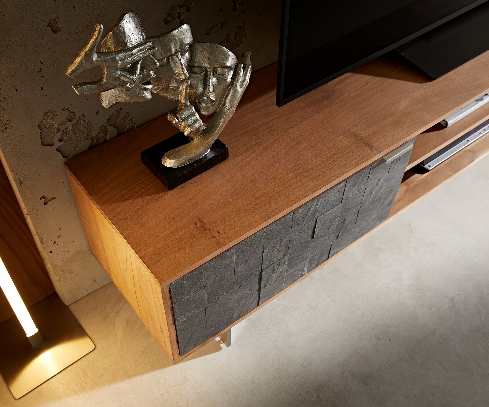 Tv-meubel Teele 200 cm acacia natuurleisteen 2 deuren poot zwevend roestvrij staal 3