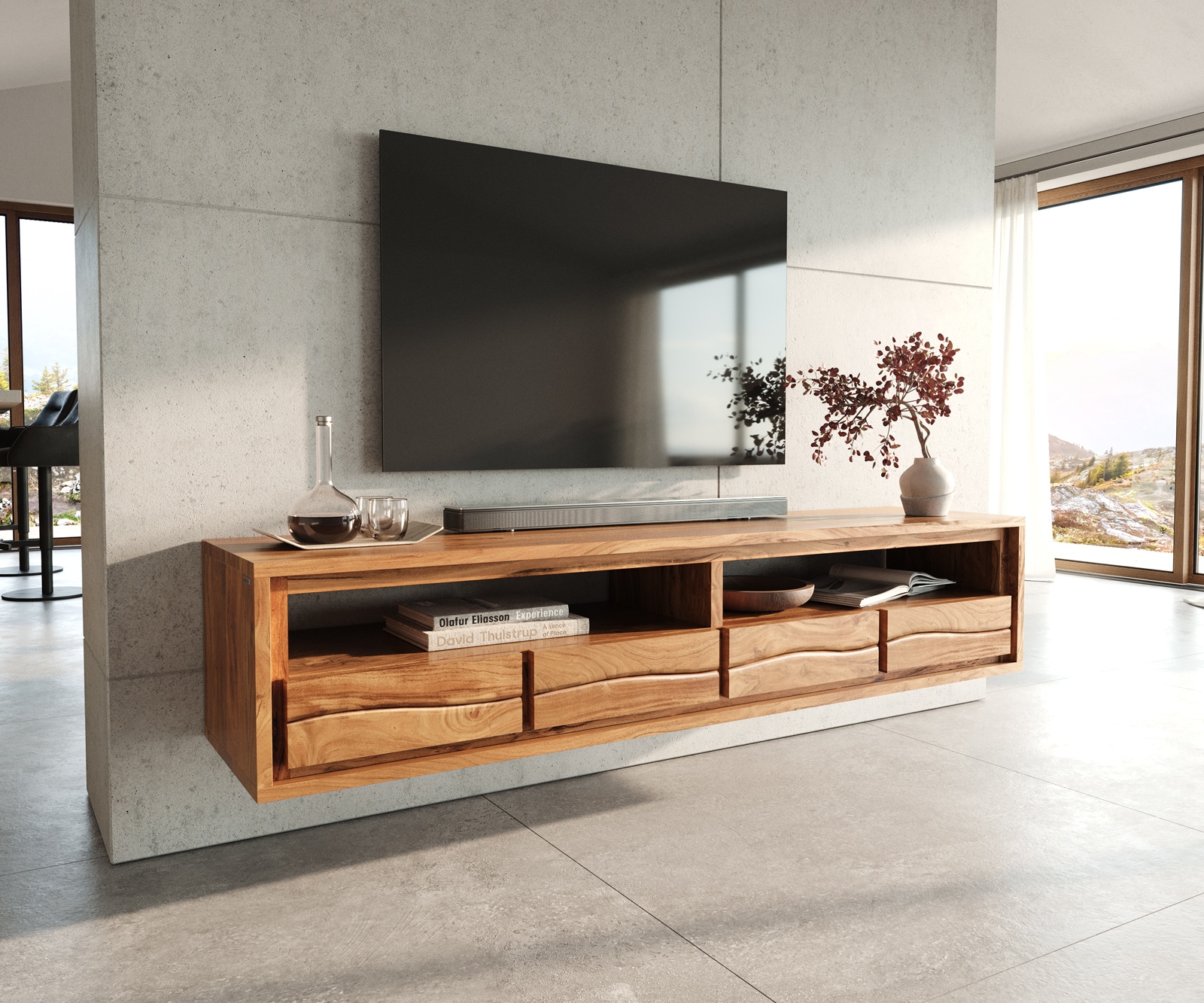 Tv-meubel Live-Edge acacia 190 cm met schuifladen boomrand 5  Tv-meubel Live-Edge acacia 190 cm met schuifladen boomrand 5