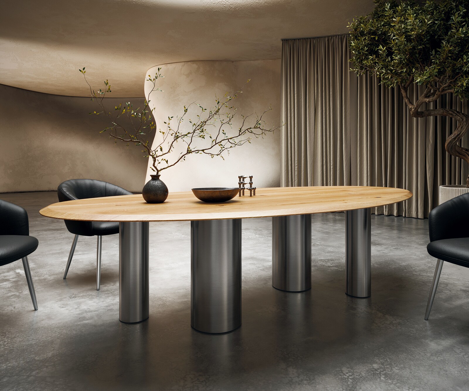 Eettafel Edge Oval 280x130x2,5 eiken natuur Pilier RVS geborsteld Flow-Edge 1