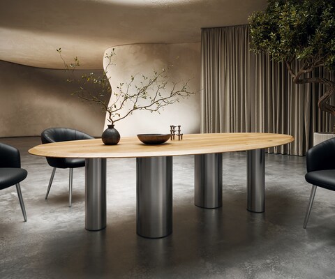 Eettafel Edge Oval 280x130x2,5 eiken natuur Pilier RVS geborsteld Flow-Edge