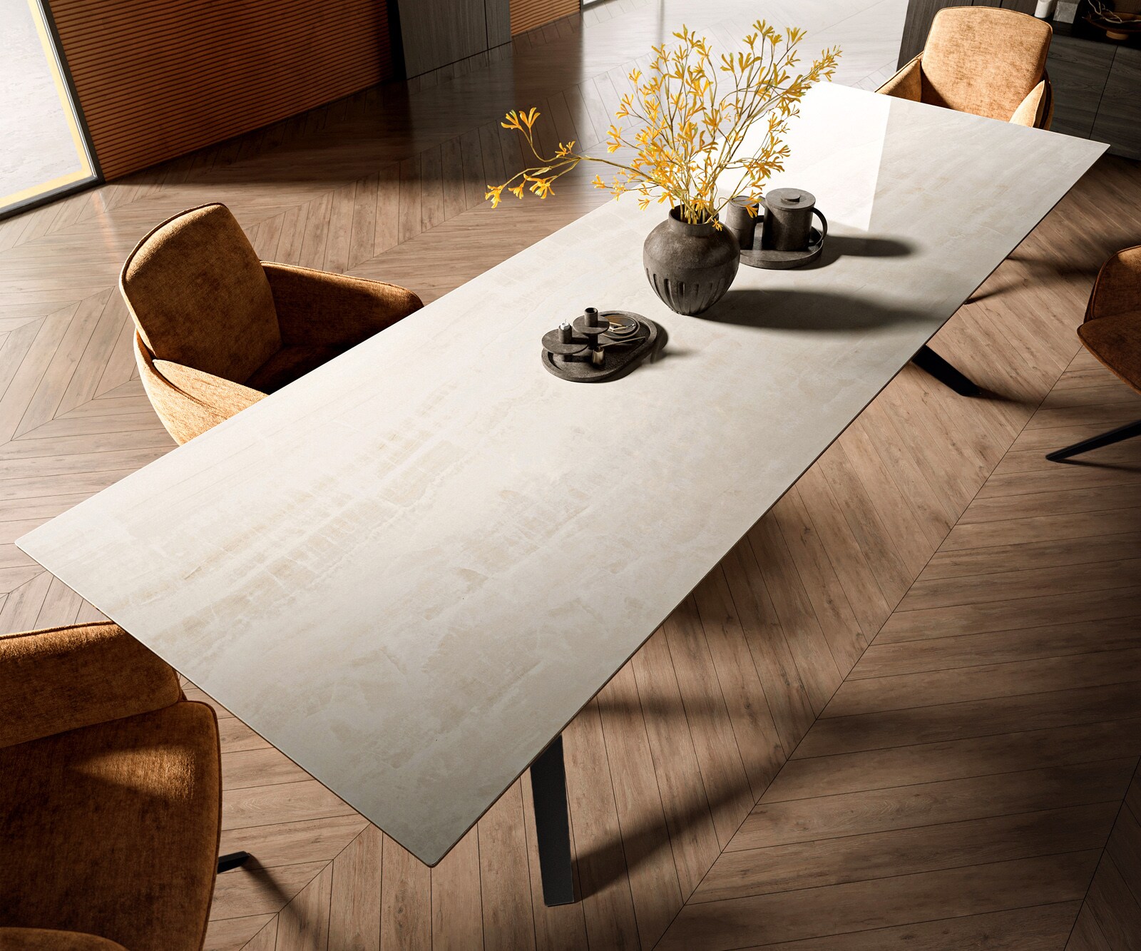 Eettafel Edge 300x100 cm keramiek Onyx Champagne Zenthara hoekig metaal zwart 4