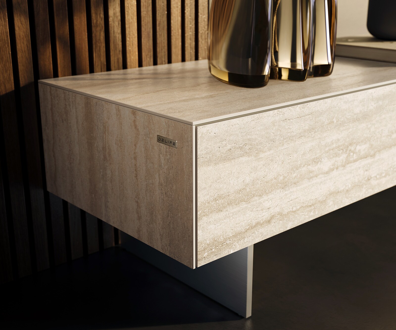 Tv-meubel Cuor 200 cm Keramiek Laminam® Travertino Bianco Crème-wit 1 Flap 1 Lade Zwevend 5