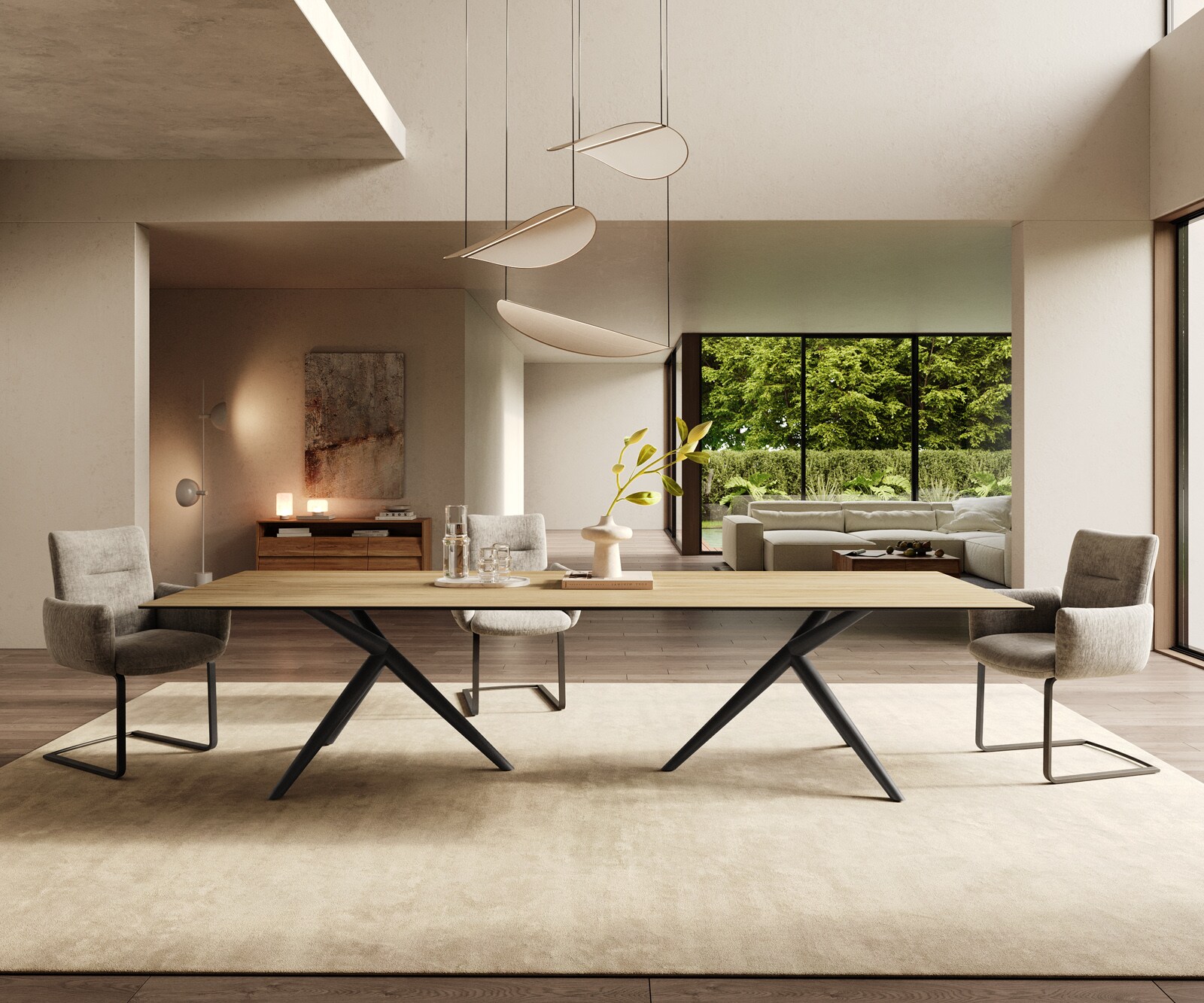 Eetkamertafel Edge 300x100 keramiek Laminam® Sabbia eiken kleur Estelar rond  metaal zwart 1