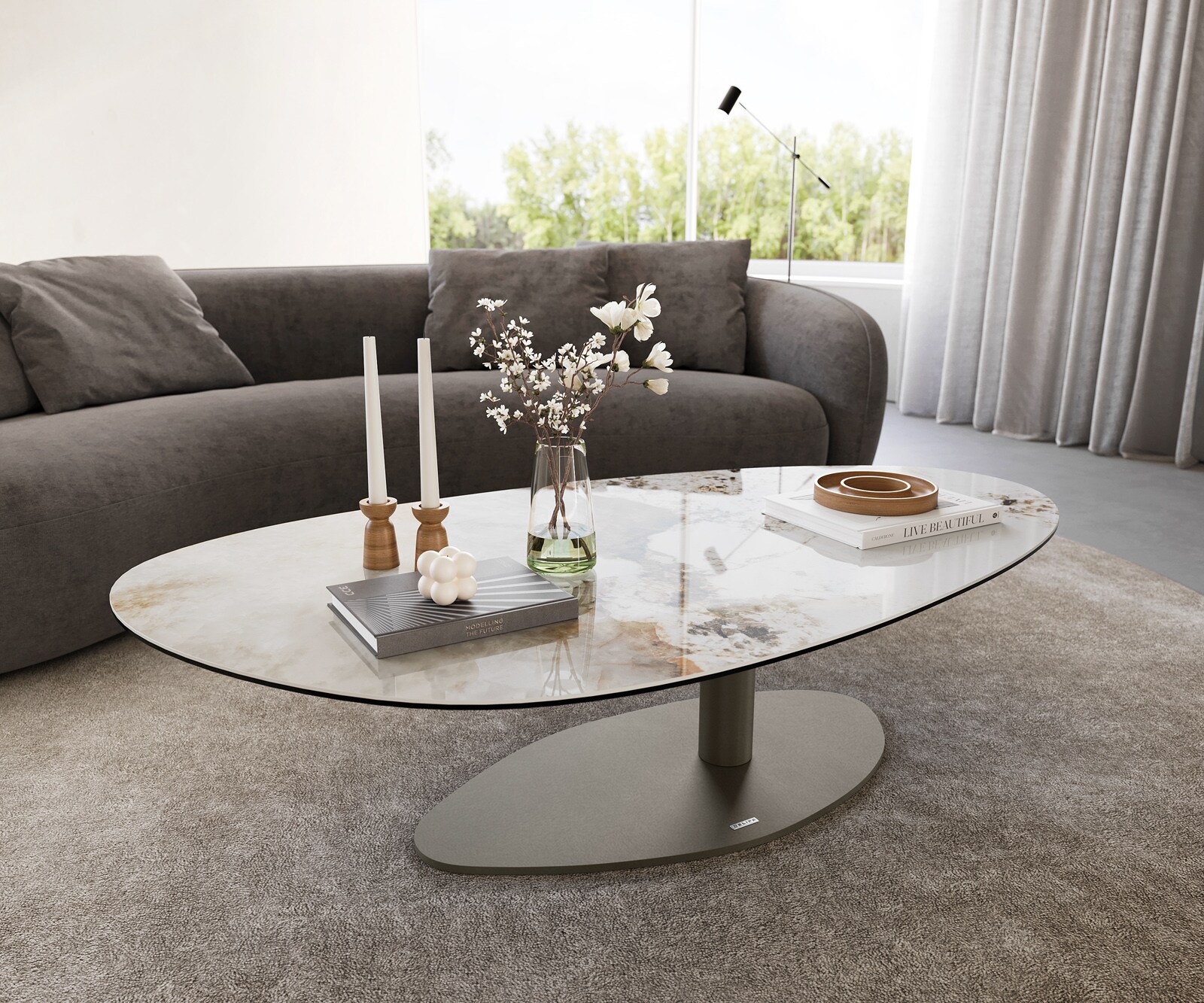 Salontafel Edge Oval 140x75 cm keramiek Minas Melange Vibany Metall effectafwerking titaan 1