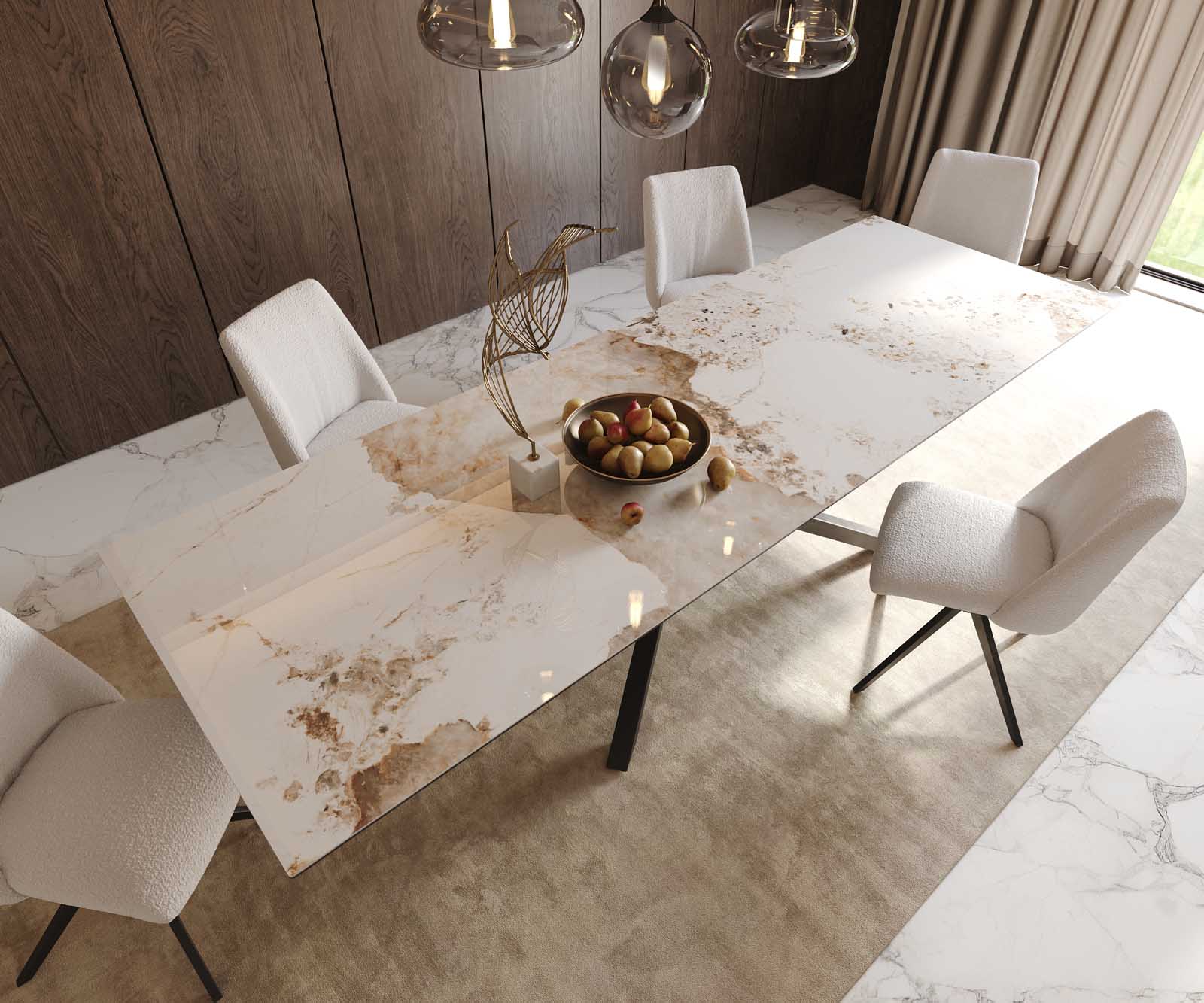 Eetkamertafel Edge 300x100 keramiek Minas Melange wit-beige kruisframe rechthoek zwart 5