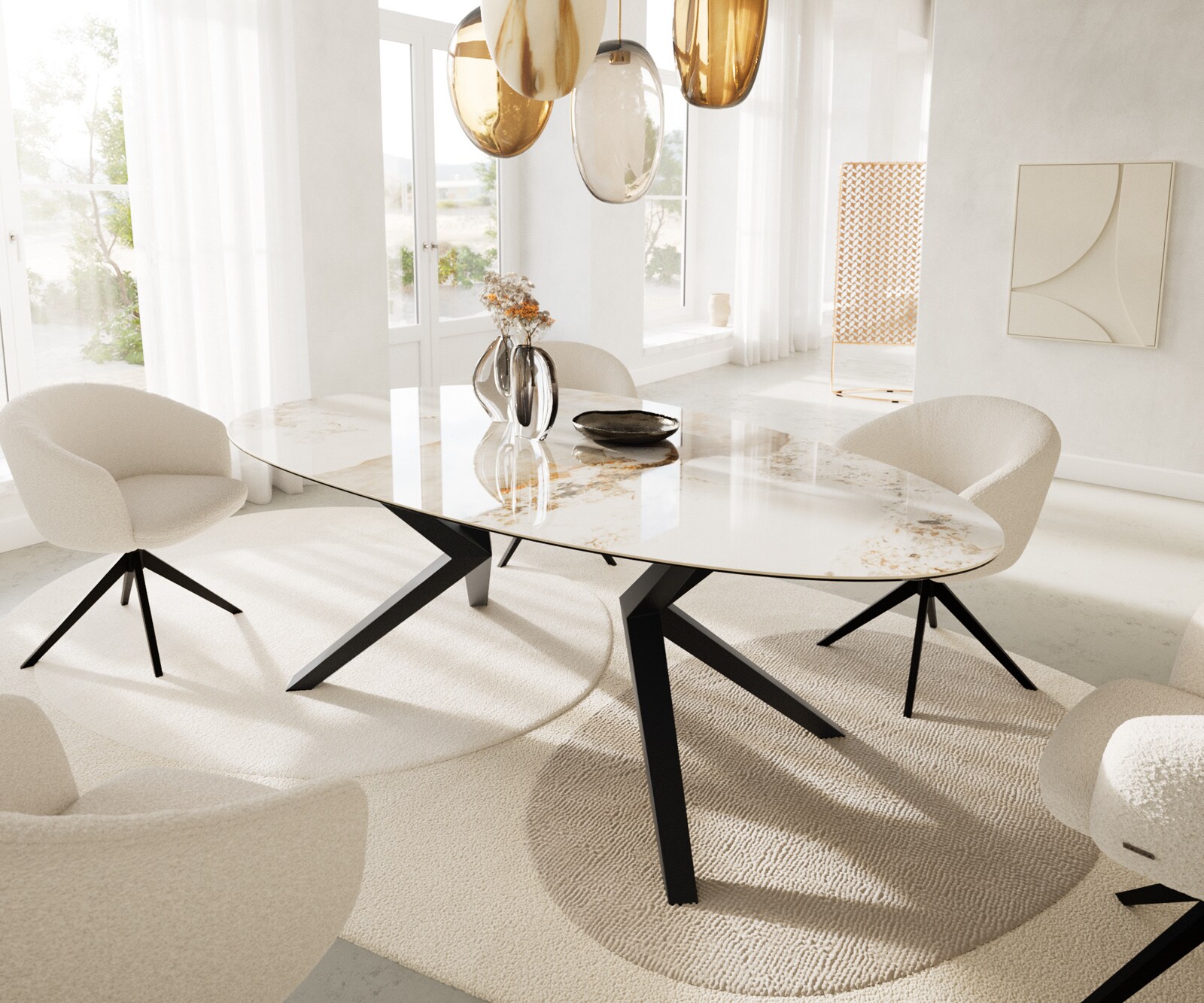 Eetkamertafel Edge ovaal 220x120 keramiek Minas Melange wit-Beige Zenthara hoekig metaal zwart 1