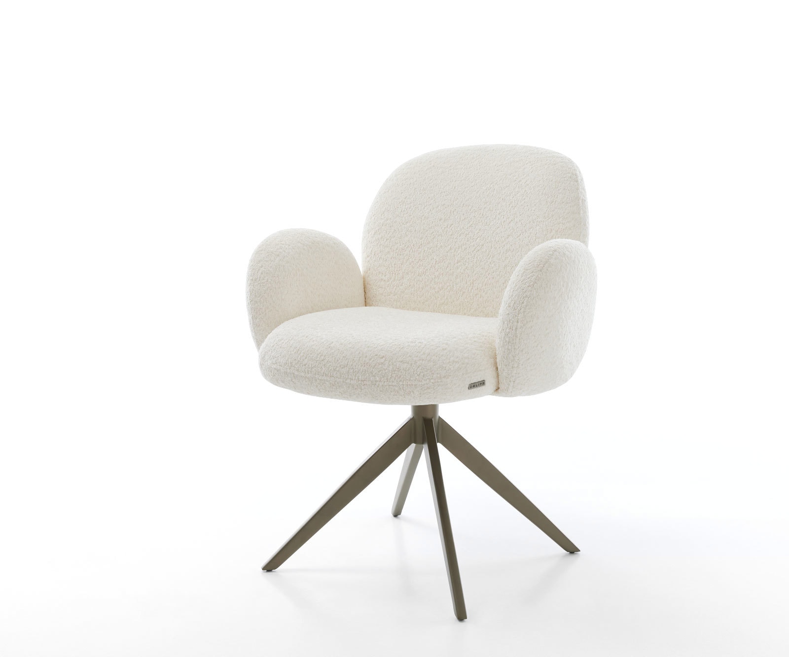 Draaistoel Nube-Flex met armleuning bouclé wit kruisframe breed afwerking met titanium 360° draaibaar pocketveer kern