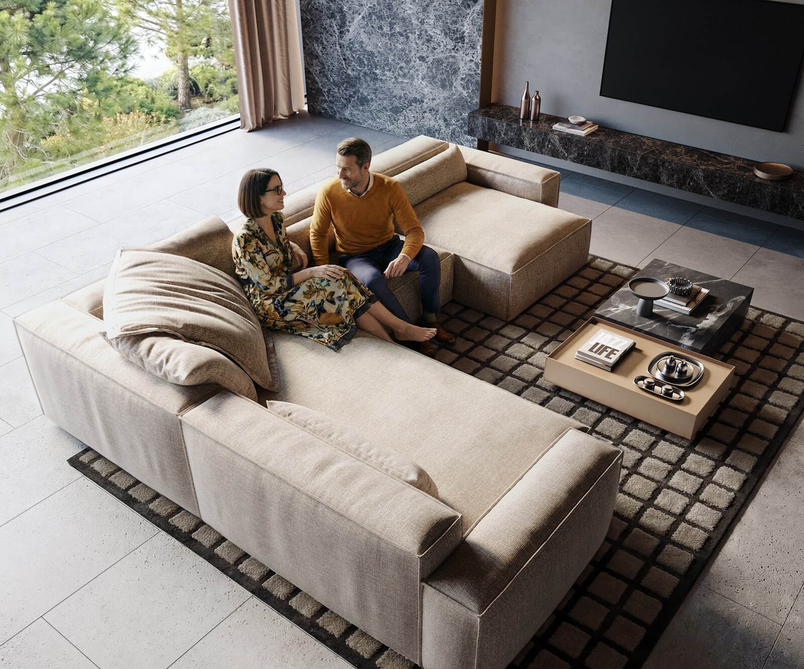 Woonkamer landschap Freestyle 360x290 cm Zachte Geweven stof Beige kedernaad 1