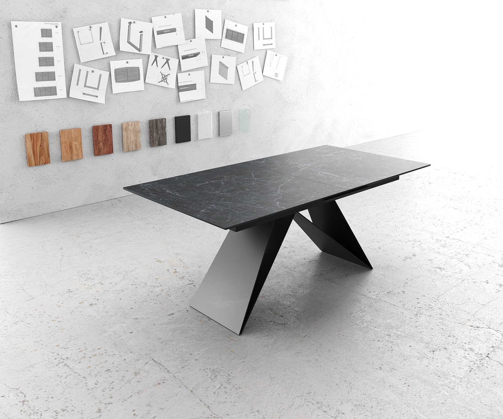 Eettafel Edge 180-220x90cm Laminam® keramiek grijs V-middenpoot zwart 1 Eettafel Edge 180-220x90cm Laminam® keramiek grijs V-middenpoot zwart 1