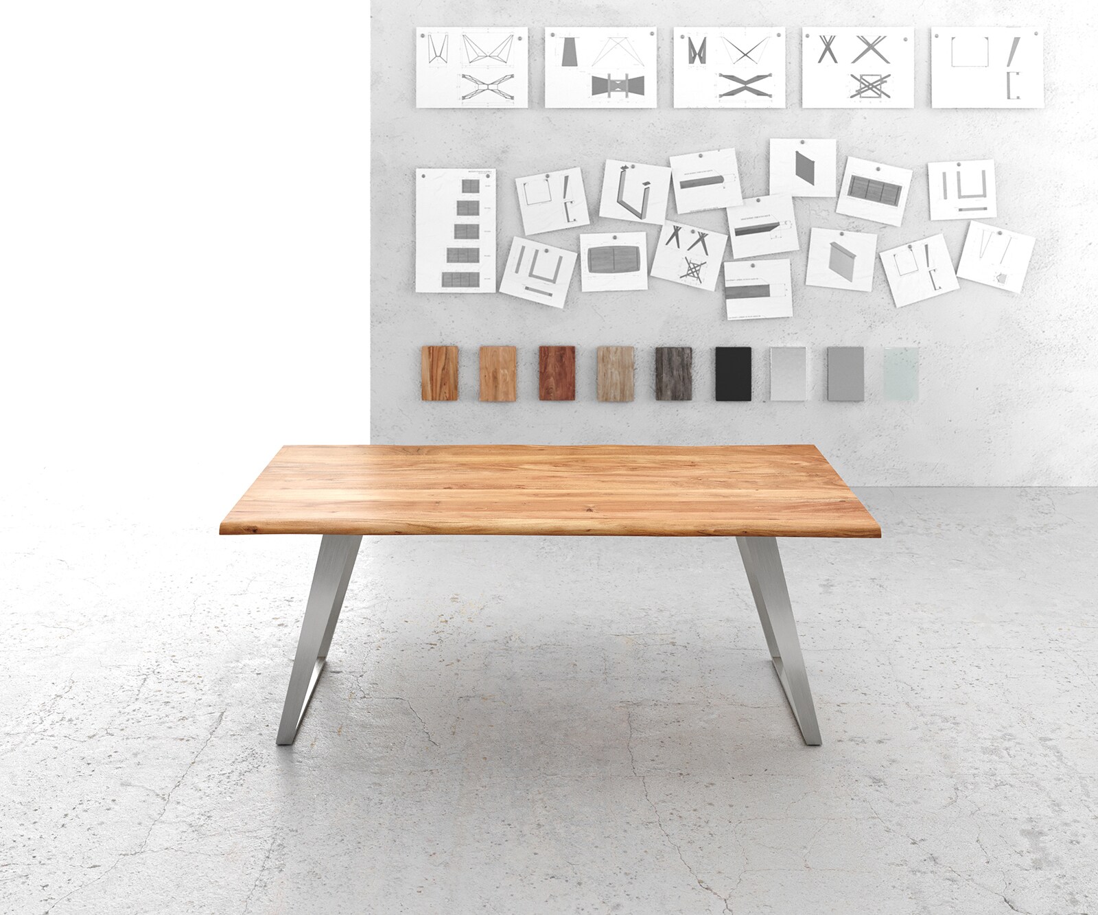 Eettafel Edge 200x100cm acacia natuur roestvrijstaal zilver schuin Live-Edge 1