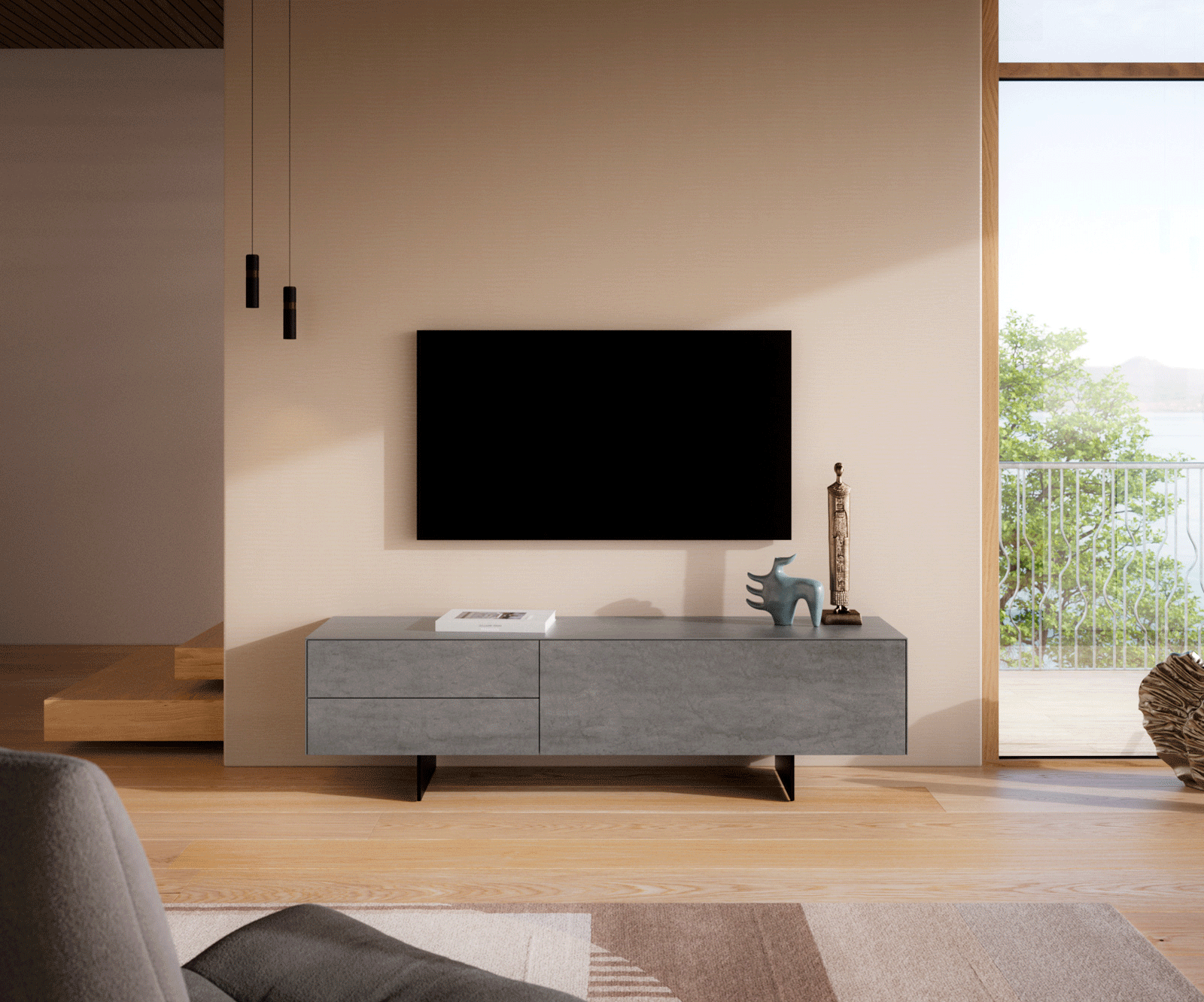 Tv-meubel Cuor 180 cm Keramiek Beton Grijs 1 Flap 2 Laden Zwevende voet look Metaal Zwart 1