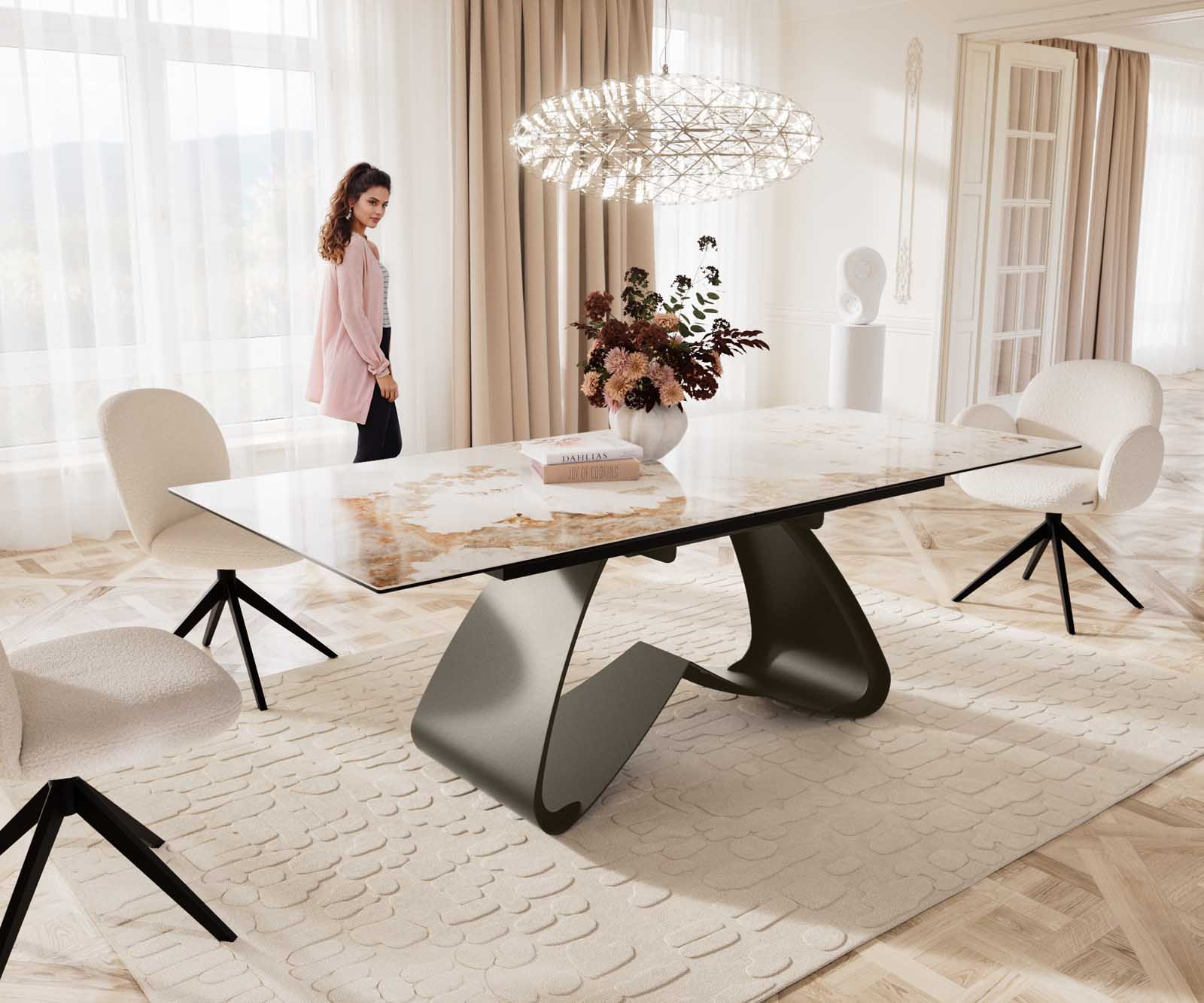 Eettafel Edge 180-220x100 keramiek Minas Melange wit-beige W-frame effect afwerking titanium Uitschuifbaar 1