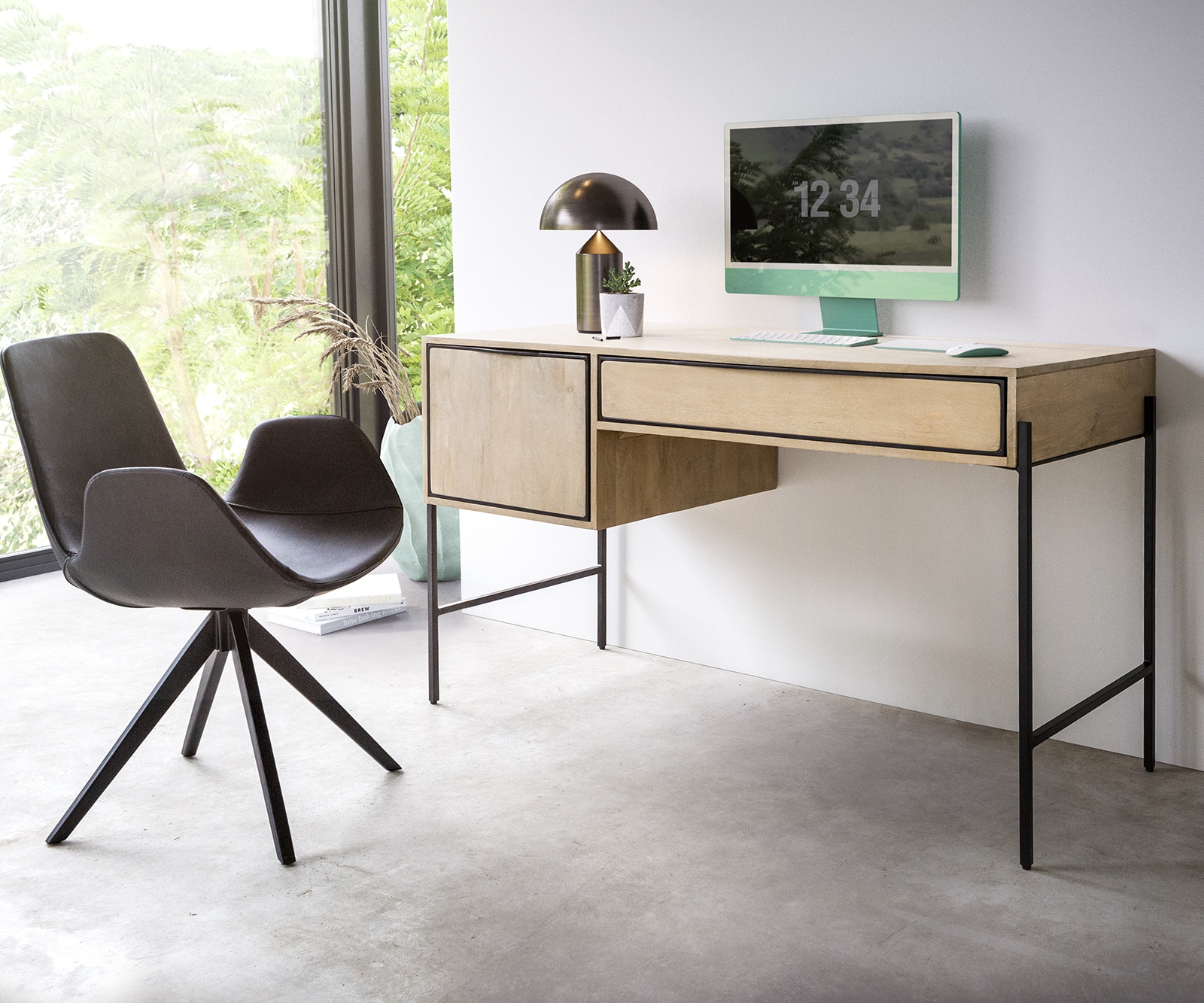 DELIFE Henrikus Bureau 130x60 cm Mango White Wash metaal zwart 1 Deur 1 Lade