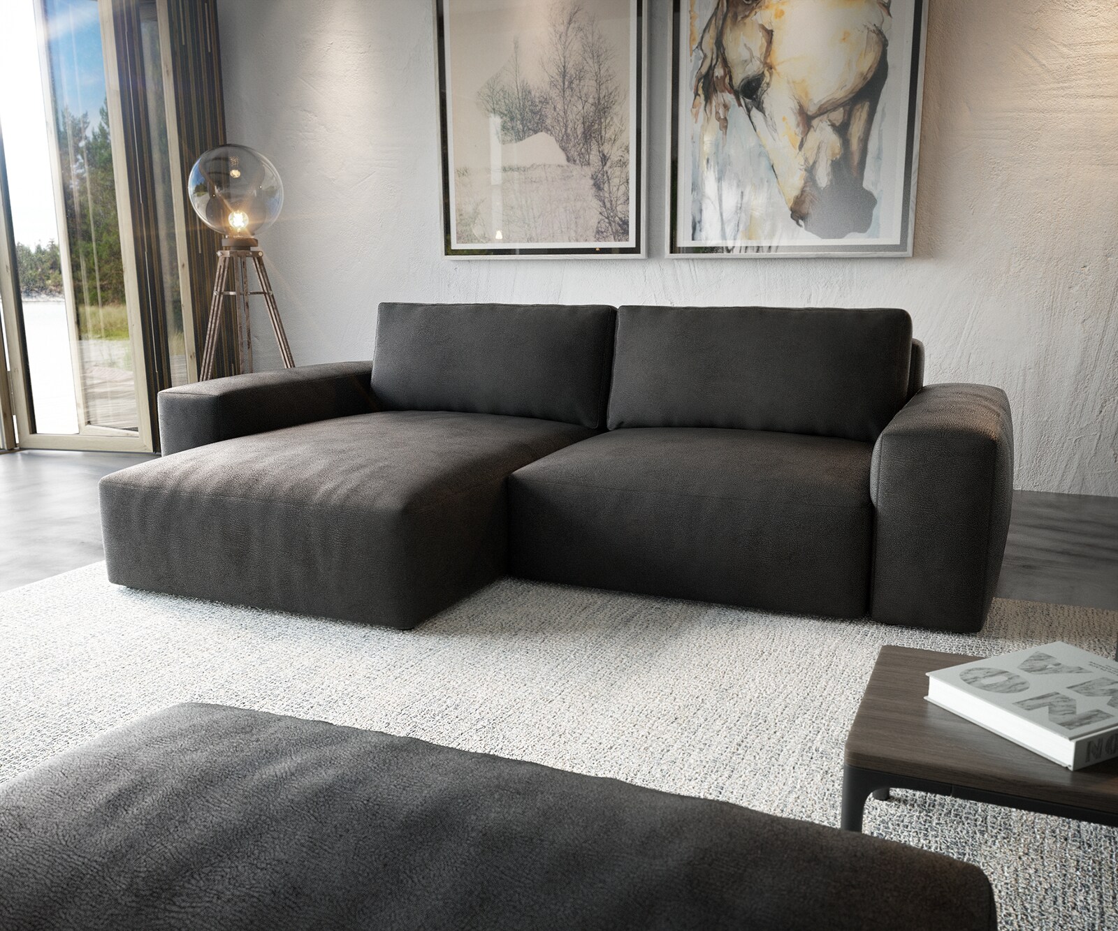 Hoekbank Lanzo XL kunstleer vintage antraciet 270x180 cm variabele rugleuning met poef