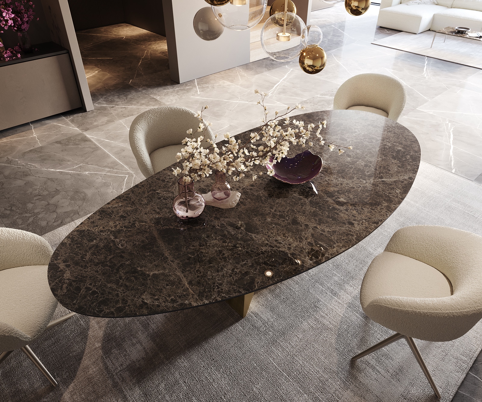 Eettafel Edge Oval 280x130 keramiek  Laminam® Emperador Extra Lucidato donkerbruin Origami metaal goud 4