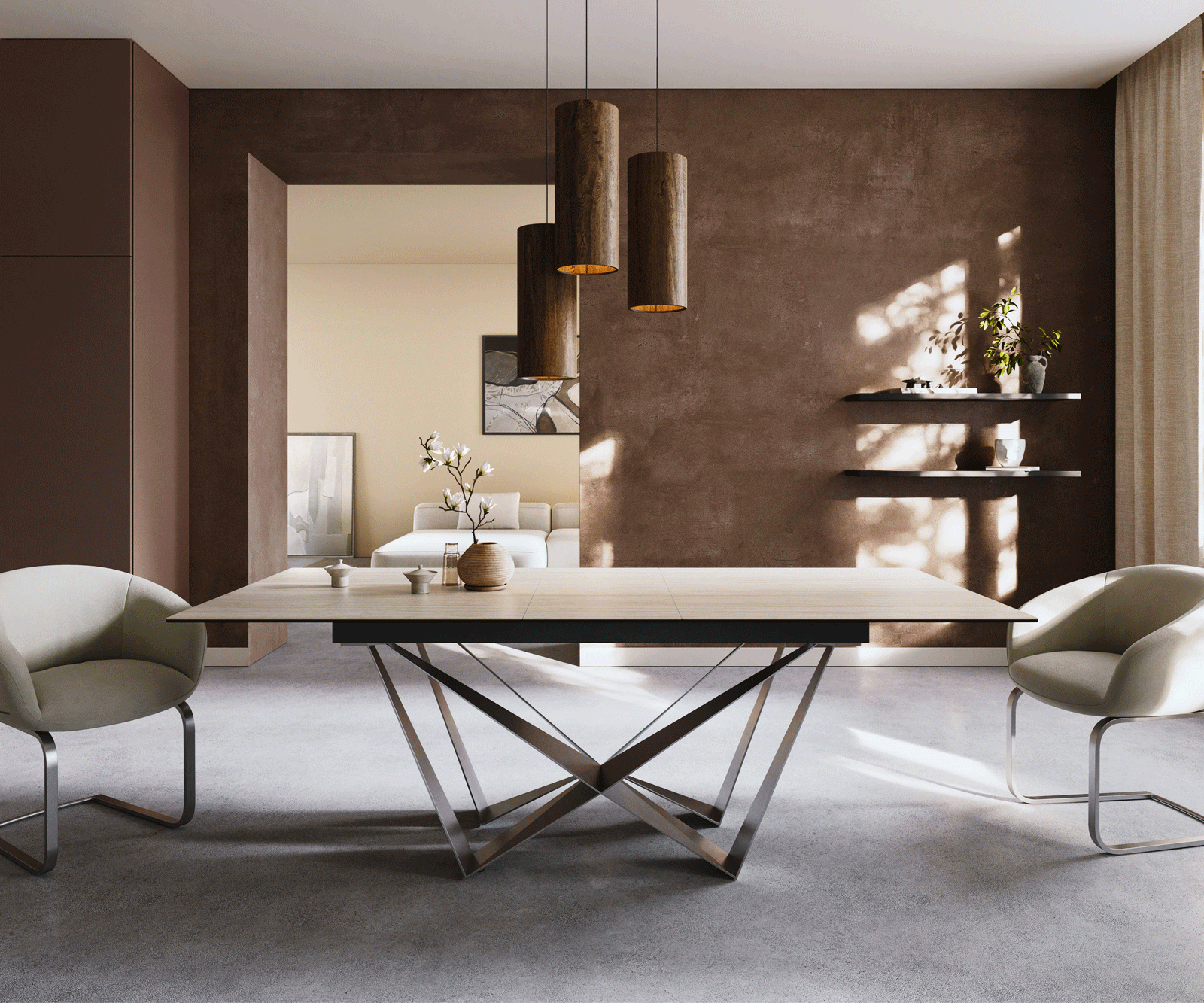 Eettafel Edge 180-220x90 keramiek  Laminam® Travertino Bianco Creme-wit Spider vlak staal RVS uitrekbaar 2