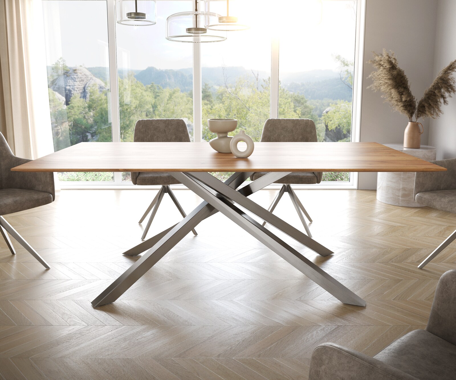 Eettafel Edge 200x100 acacia natuur kruisframe rechthoek roestvrij staal  Zwitserse rand 2