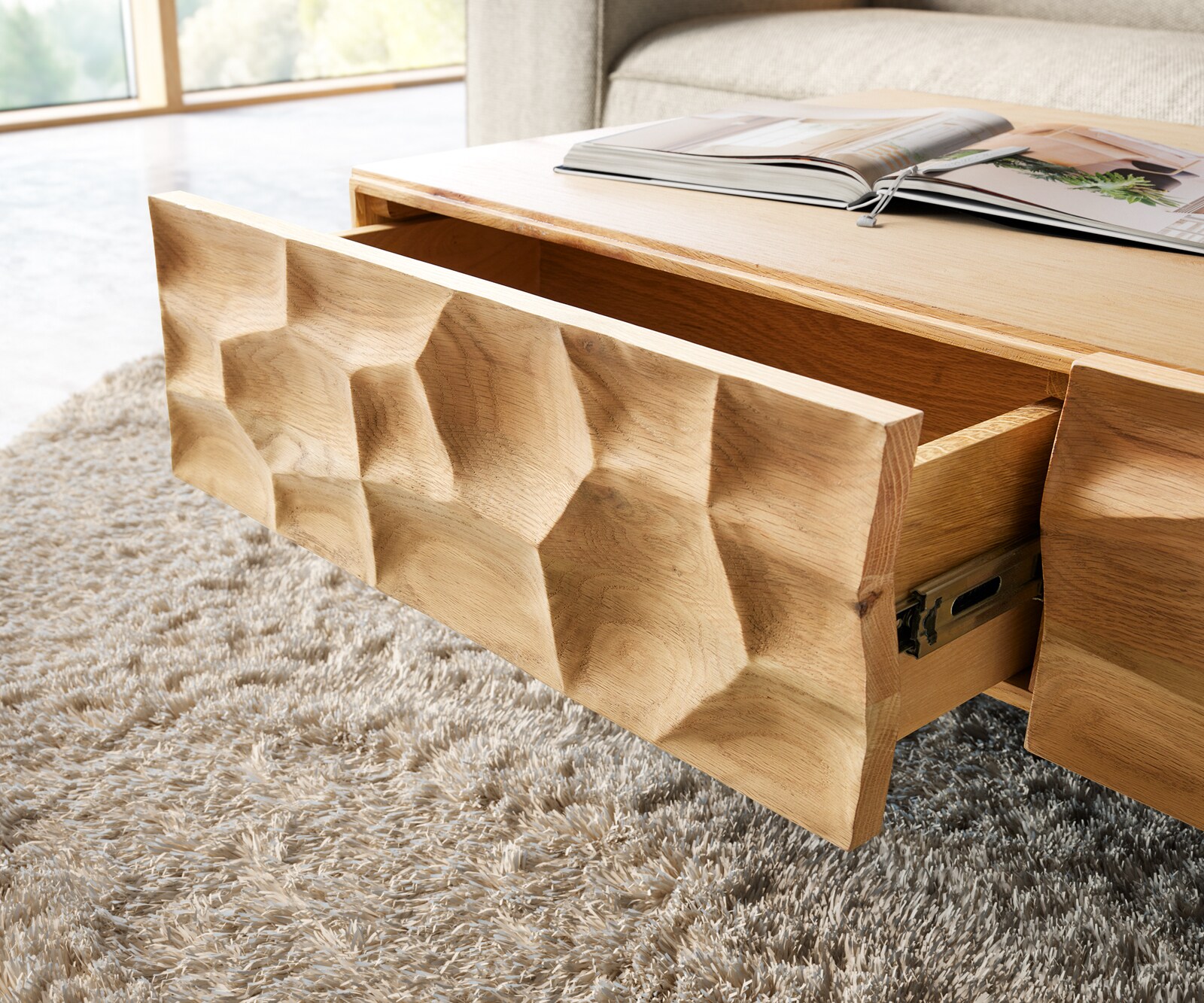 Salontafel Solu 120 cm natuur eiken 4 Lades poot zwevend metaal zwart 3D Front 5