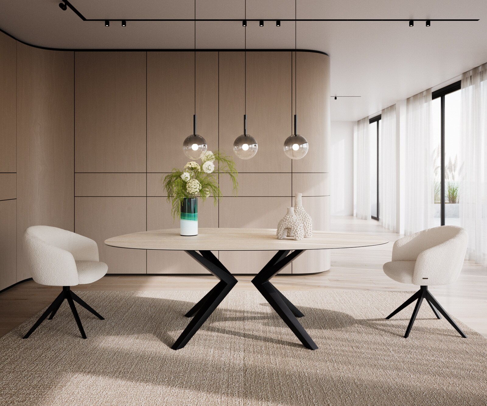 Eetkamertafel Edge ovaal 220x120 keramiek Laminam®Travertino Bianco Creme-wit​ Zenthara hoekig metaal zwart 1