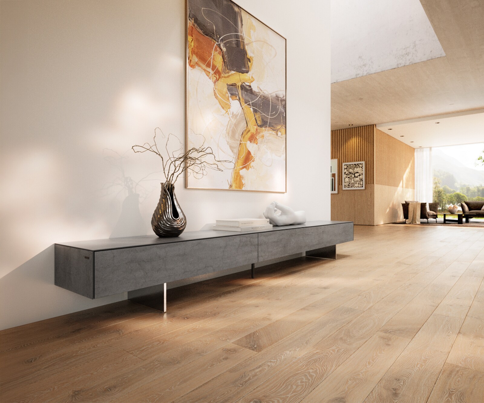 Tv-meubel Cuor 250 cm Keramiek Beton Grijs 1 Flap 1 Laden Zwevende voet look Roestvrij staal