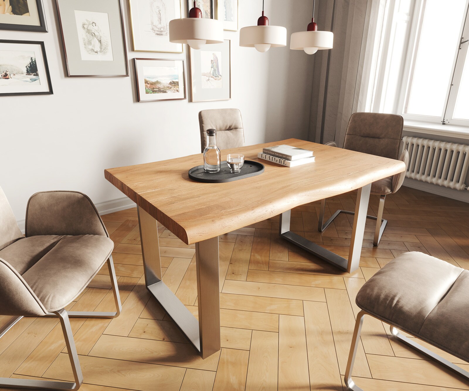 Eettafel Edge 140x90 XL acacia natuur roestvrijstaal smal Live-Edge