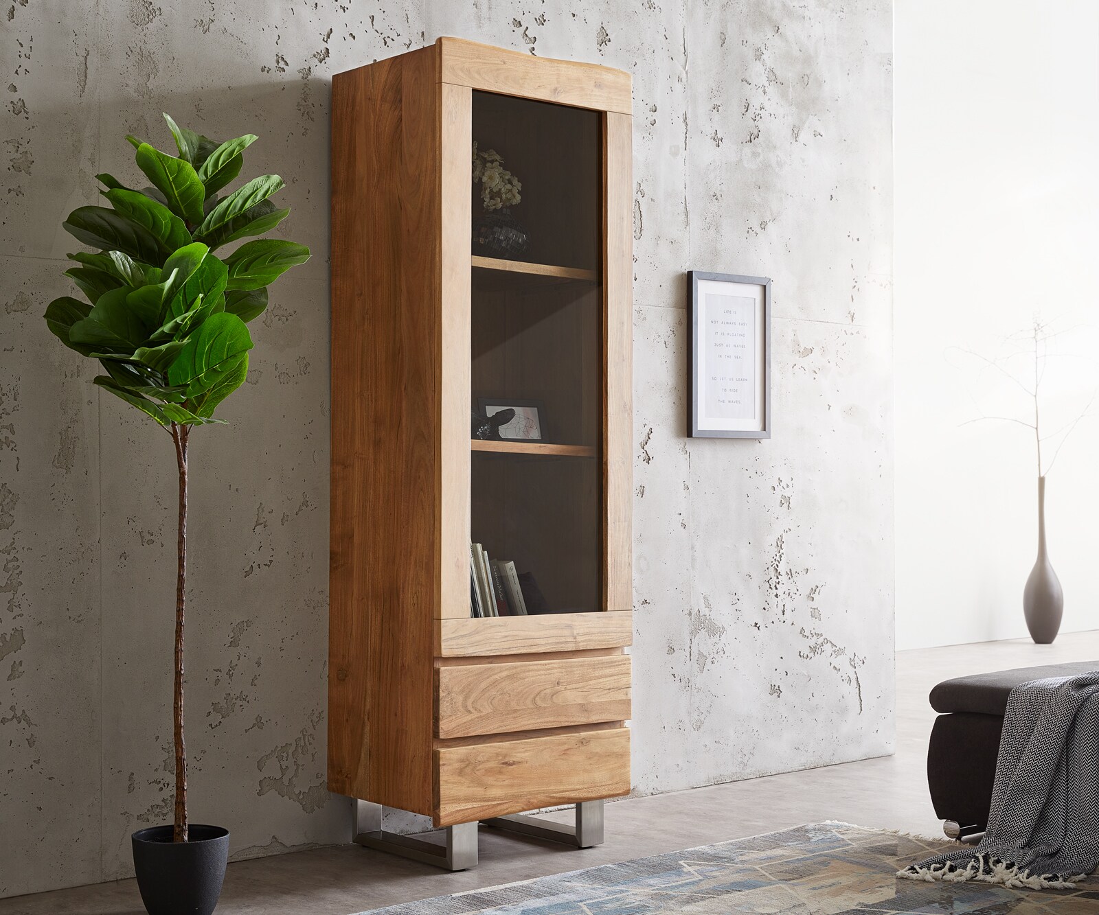 Vitrinekast Live-Edge 60x190 cm acacia natuur boomrand 1 deur 2 laden massief